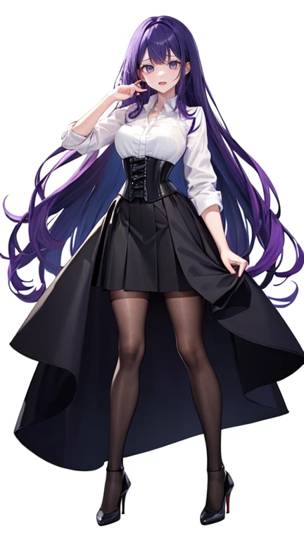 Purple Hair,Long Hair,Adult female,White Y-shirt,((Roll up her sleeves)),(corset),(Black tight skirt),(High heels),((A simple, blank white background)),smile,((full body)),((whole body)),