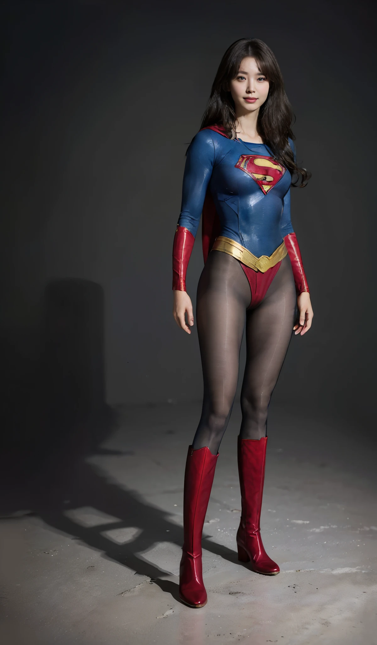 No background、(((Beautiful legs in black tights.)))、(((Legally express the beauty of your smile)))、((((Make the most of your original images)))、(((Supergirl Costume)))、(((Beautiful boyish hairstyle)))、(((suffering)))、(((Please wear black tights....、Be sure to wear red boots)))、((Best image quality、8k))、((highest quality、8k、masterpiece:1.3))、(((Preserve background )))、Sharp focus:1.2、Beautiful woman with perfect figure:1.4、Slim Abs:1.2、Wet body:1.5、Highly detailed face and skin texture、8k
