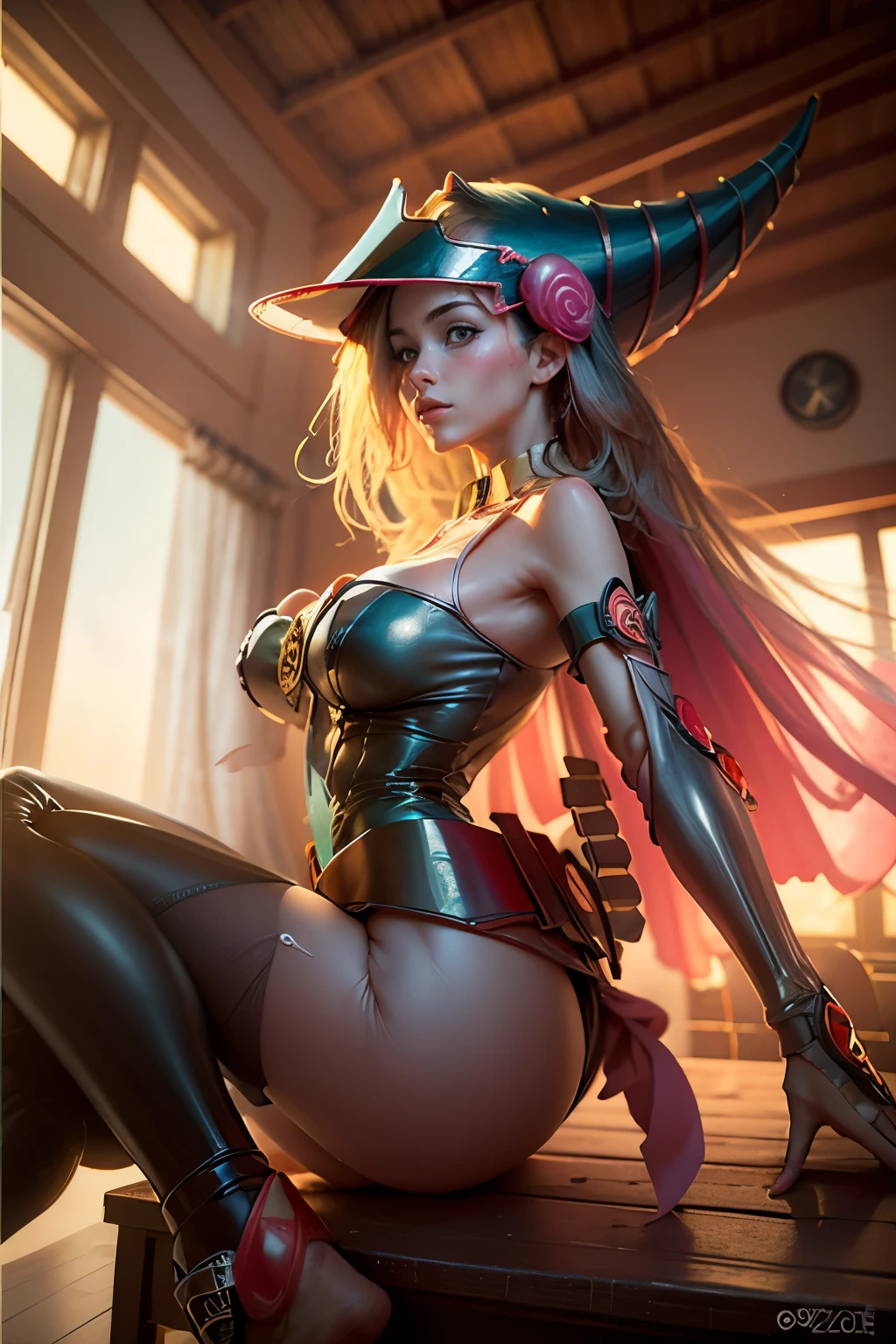(Obra maestra:1.2), (La mejor calidad:1.2), perfect lighting, Chica Maga Oscura lanzando un hechizo, flotando en el aire, escote, fondo de magia. Corazones transparente en el ambiente, sombrero grande, desde arriba, Destellos, Yugioh Card en el fondo. Pose sexy y sensual