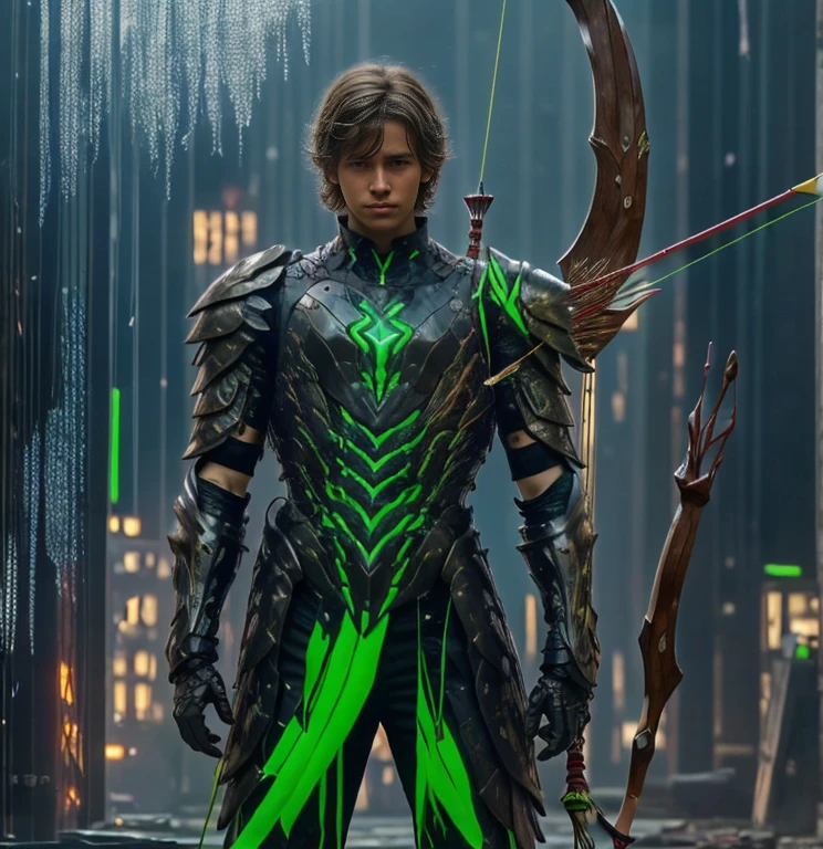 (ultra realistic,32k, masterpiece:1.2, UHD),(high detailed skin:1.1),( high quality:1.1), 1 boy, brown short raw cut hairs, brown eyes, green techno fantasy armor, cyberpunk, techno fantasy bow with ((energy bow arch)),((energy arrows)), caucasian race, light decourations, 18 years old 