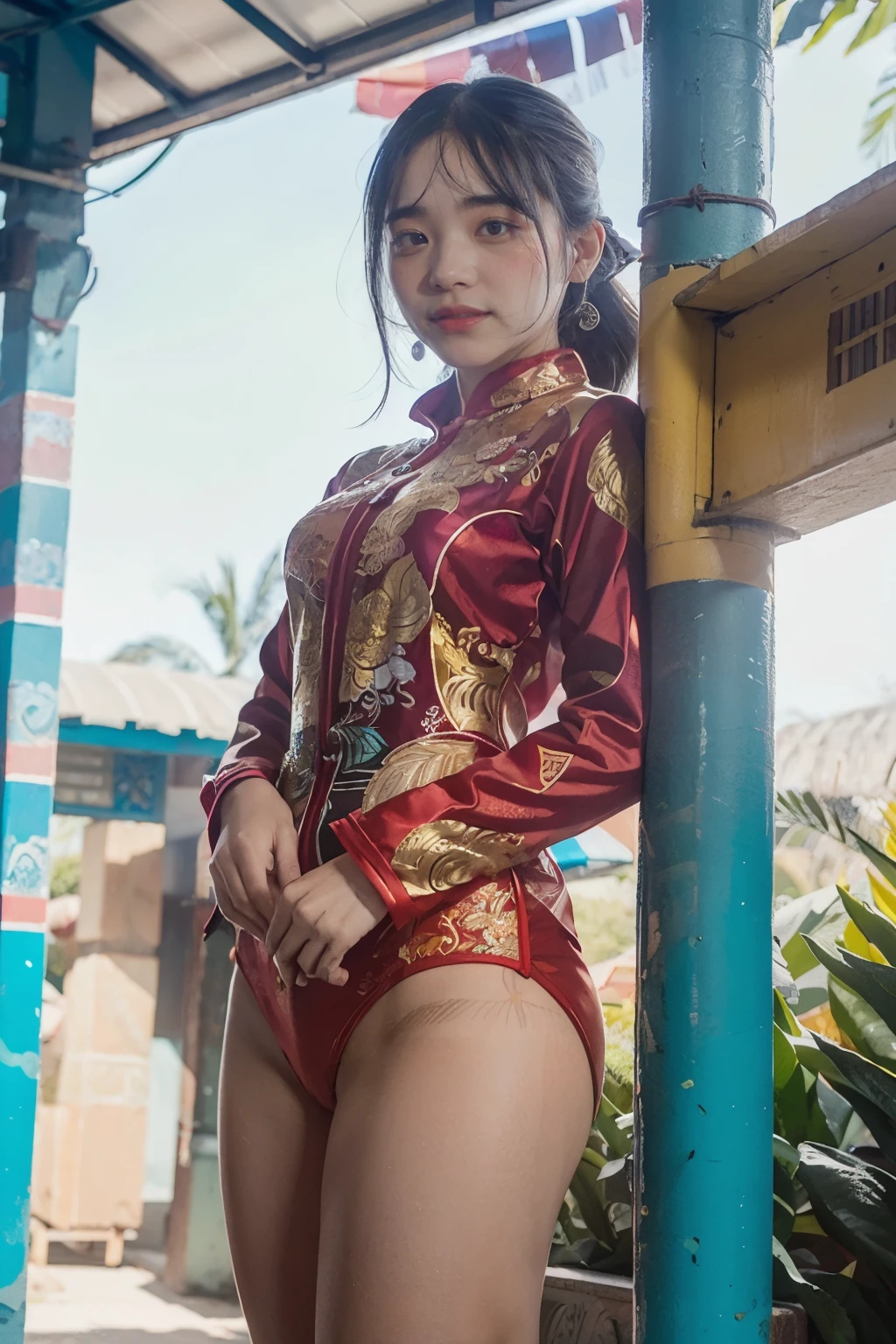 An Indonesian-styled futuristic suit worn by a girl depicting cultural fusion and modern fashion. The suit is adorned with intricate patterns and vibrant colors, showcasing the rich heritage of Indonesia. The girl stands confidently in a dynamic pose, with her detailed eyes reflecting determination and curiosity. The suit's material is a combination of traditional textiles and futuristic synthetic fabrics, giving it a unique and avant-garde appearance. The overall image quality is of the highest standard, with sharp focus and ultra-detailed rendering. The artwork employs physically-based rendering techniques, resulting in realistic lighting and shadows. The colors are vivid and vibrant, capturing the essence of Indonesian cultural aesthetics. The background features a fusion of modern architecture and traditional elements, creating a harmonious blend of the past and the future. The prompt explores the intersection of Indonesian culture, futuristic design, and the artistic representation of a confident girl.