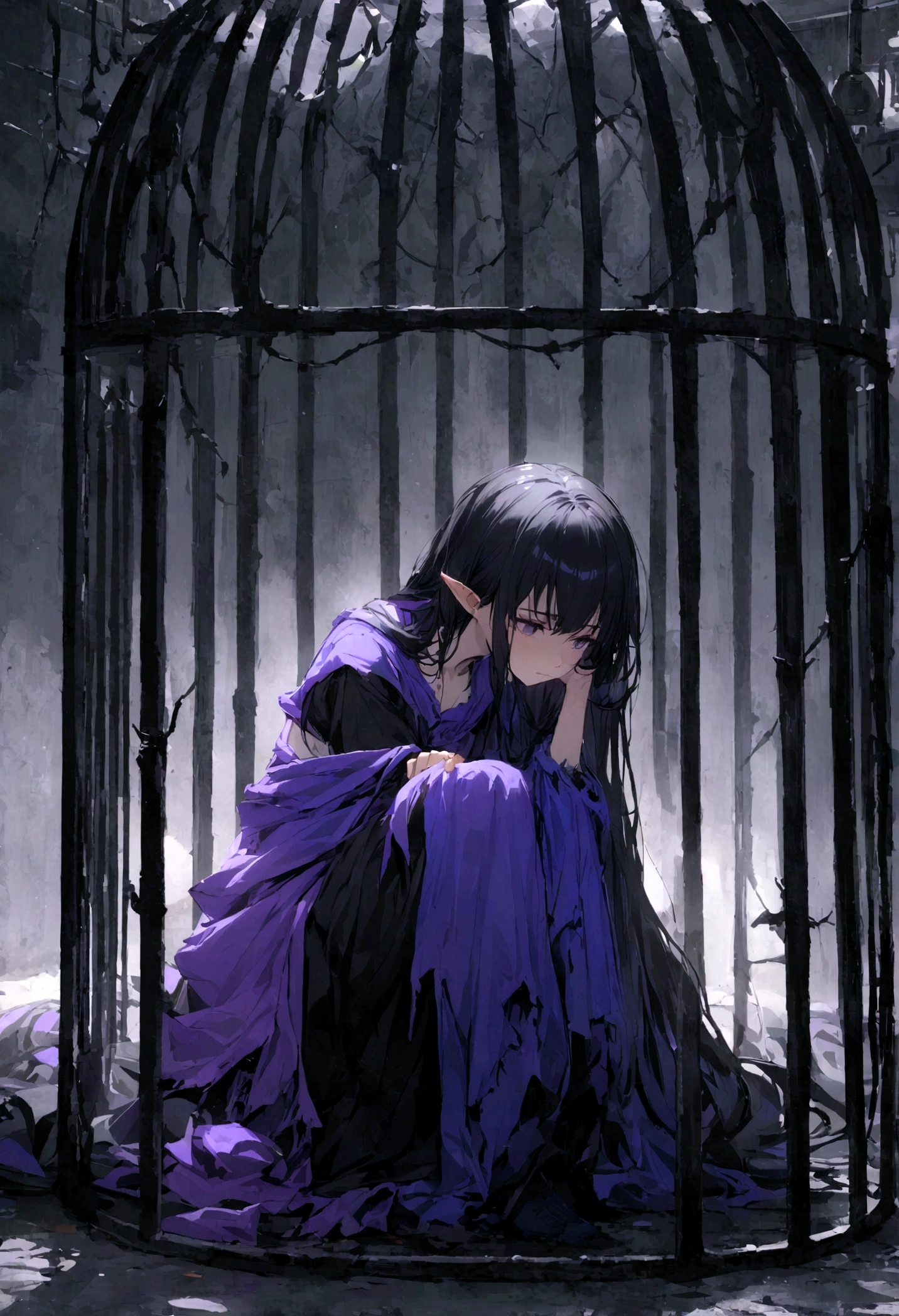 half elf girl, flowing robe of blue and purple color, long flowing black hair, ruined clothes, cage, on knees, prisoner,