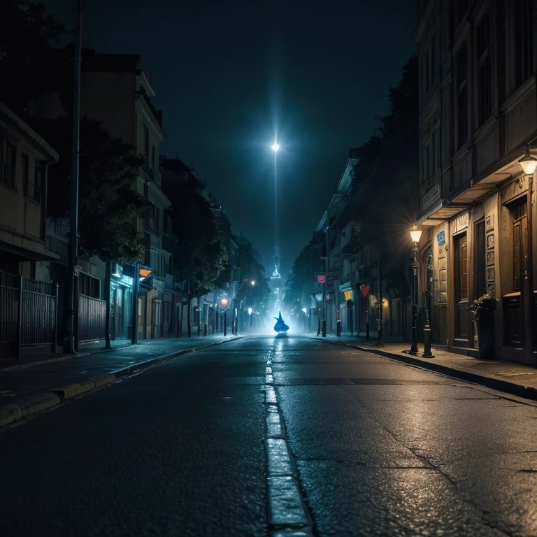 arte de fantasia, Arte RPG, Dark arte de fantasia, foto ultra ampla, CRU, Fotorrealista, a photo of a dark street at night, there are no people on the street.  There is a blue cat looking at the object on the street. A glowing unidentified flying object hovers over the street, entre nuvens. (Mist rising from the terrain, fundo da rua de fantasia escura, melhor qualidade, 16k, [ultra detalhado], Obra de arte, melhor qualidade, (ultra detalhado), foto ultra ampla, fotorrealismo.
