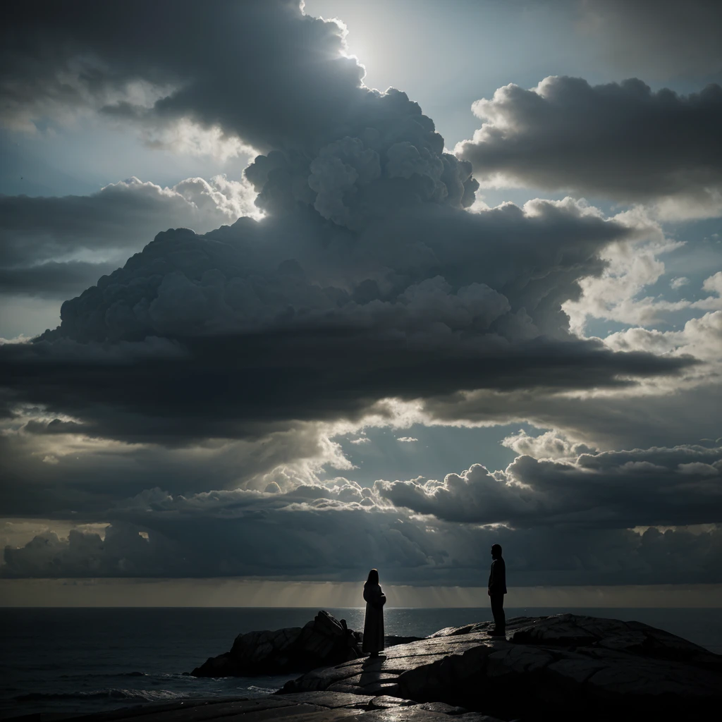 A scene depicting Jesus Christ standing alone on a rocky path, surrounded by dark, foreboding clouds. He is looking up towards a faint light breaking through the clouds, symbolizing hope and divine presence. In the distance, shadows of people with hostile expressions represent the world's hatred. The overall mood is one of isolation and resilience, with a stark contrast between the darkness of the world and the faint light of hope above.