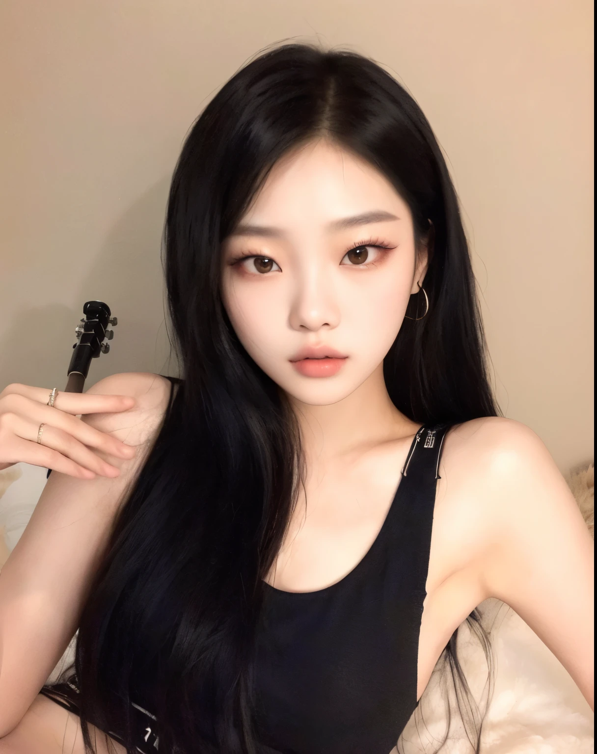Araffe Asian woman with long black hair holding a guitar, Jennie Blackpink, cruel korean goth girl, portrait of jossi do blackpink, Ulzzang, coreana, jossi do blackpink, linda mulher sul-coreana, parque roseanne de blackpink, linda jovem coreana, Jisoo do Blackpink, maquiagem sul-coreana popular, Korean idol, Heonhwa Choe