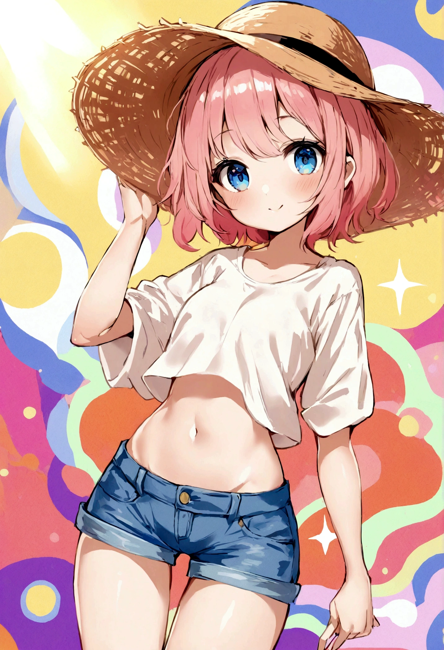 a slim girl, wearing very short jeans and white loosen midriff with a big straw hat sun is shining on her face.... and she is cute and hot at the same time and the girl is pink haired