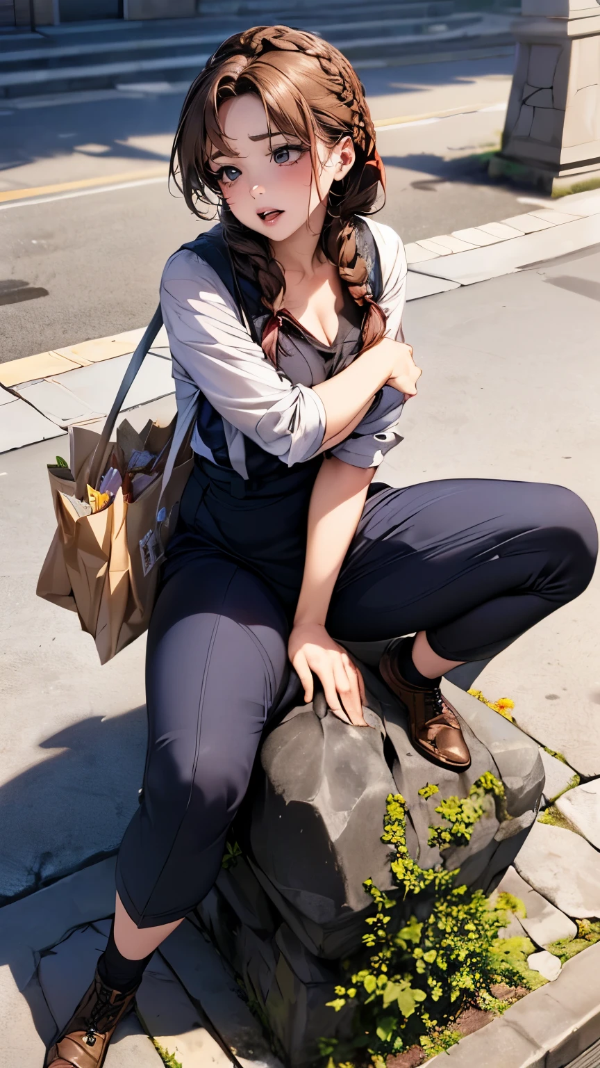 (depicting a single moment from a manga for adults), a housewife, eyes with realistic sizing, drooping eyes, shame, (she has a big plastic bag with groceries), spread her legs, (((straddling to hit her crotch against the stone bollard on the sidewalk for masturbation, braid))), alley,