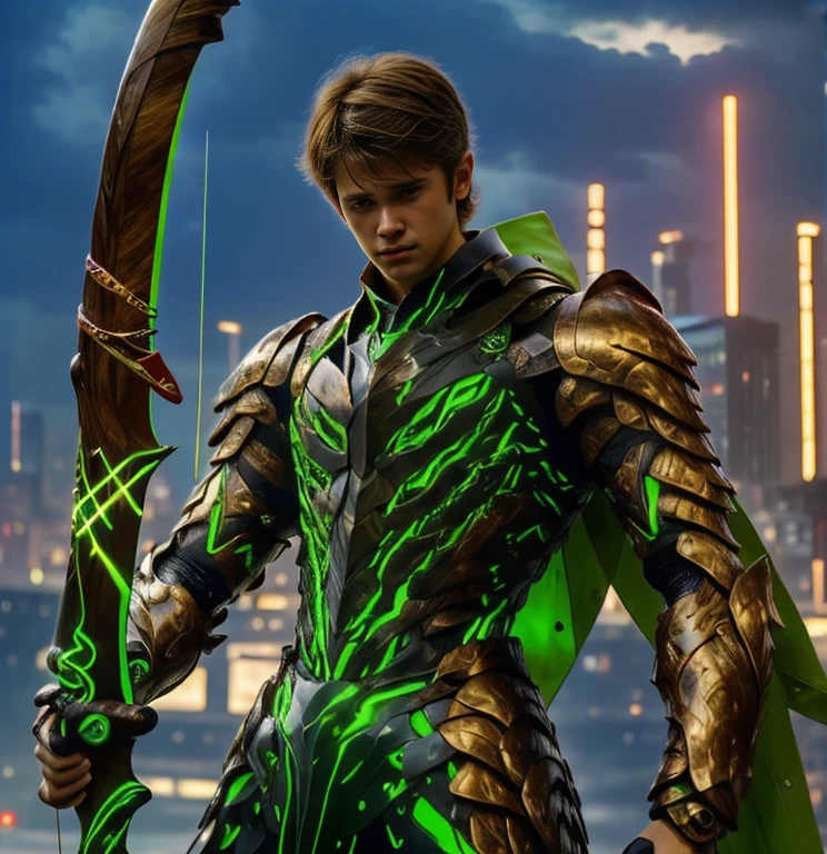 (ultra realistic,32k, masterpiece:1.2, UHD),(high detailed skin:1.1),( high quality:1.1), 1 boy, brown short raw cut hairs, brown eyes, green techno fantasy armor, cyberpunk, techno fantasy bow with ((energy bow arch)),((energy arrows)), caucasian race, light decourations, 18 years old 