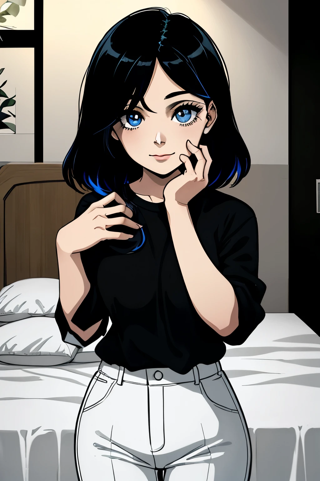 Uan chica amarrandose su cabello color negro, sus ojos estan cerrados, manos en el cabello, piel blanca, dormitorio de noche, expresion cansada y algo feliz, camisa blanca, pantalon corto negro de color negro.