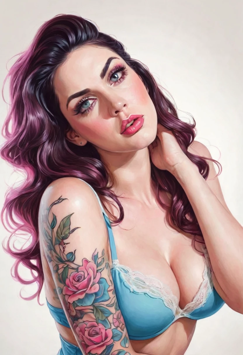 Alison Tyler, corpo todo, with your hand in your hair, olhos azuis, lingerie sexy branca e rosa, Corpo perfeito, ajoelhado, Peitos grandes, grande saque, parted lips, pin up tattoo old school style white background sketch bold lines