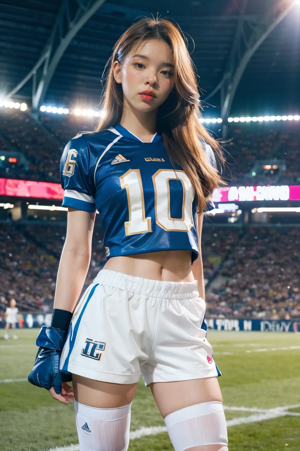 Masterpiece, superlative, realistic, Jennie wearing trendy football uniform, HD, photography and lighting, 16k