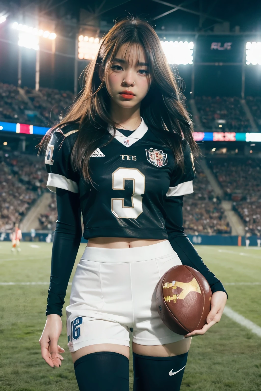 Masterpiece, superlative, realistic, Jennie wearing trendy football uniform, HD, photography and lighting, 16k