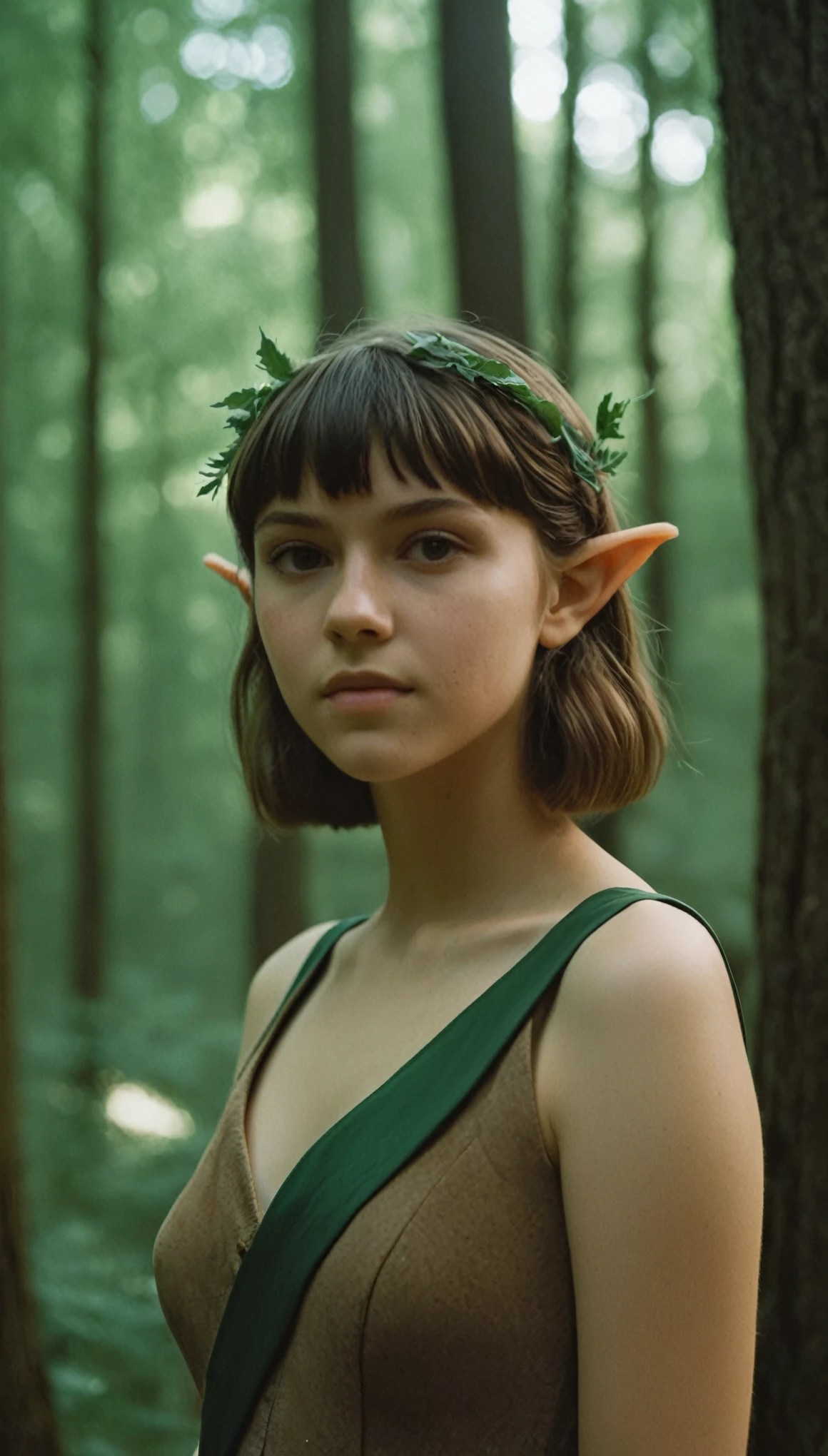 analog film photo, photo of a young elf girl, 18 years-old, elf, elf ears, long pointy ears, brown eyes, light-brown sun-tanned skin, goosebumps, pretty, natural beauty, resembles a young Mary Elizabeth Winstead, posing in a mystic forest, RAW Photograph, dslr, soft lighting, high quality, film grain, Fujifilm XT3, detailed skin with visible pores, insane details, masterpiece, 8k, 35mm photograph, dslr, kodachrome, faded film, desaturated, grainy, vintage, Kodachrome, Lomography, stained, highly detailed, found footage, close-up shot, elven ears