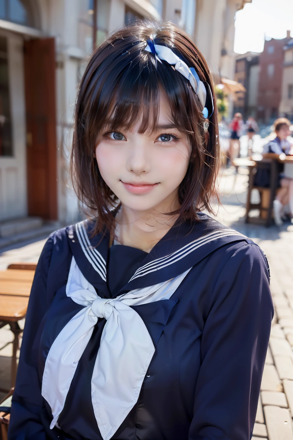 Sailor suit, One Woman, (Beautiful woman, delicate :1.3), Black Hair, Short bobcut, bangs, (8k), (highest quality: 1.2), (Realistic), (Realistic: 1.37), (masterpiece), (Ultra-high resolution), (RAW Photos), (Absolute Resolution), (((face is small compared to body: 1.4))), (((Small face:1.4))), A balanced face, (Small Mouth: 1.4), ((Slim female body: 1.4)), Black Hair, (((long sleeve Sailor suit))), Realistic high school girl, (((White headband))), Small breasts, Slanted Eyes, Bright Blue Eyes, (Cafe on the open terrace), smile, Blurred, ((Full Body Shot)), Black Stockings, Black garter belt, Three white lines on the collar of a sailor suit, cowboy shot,