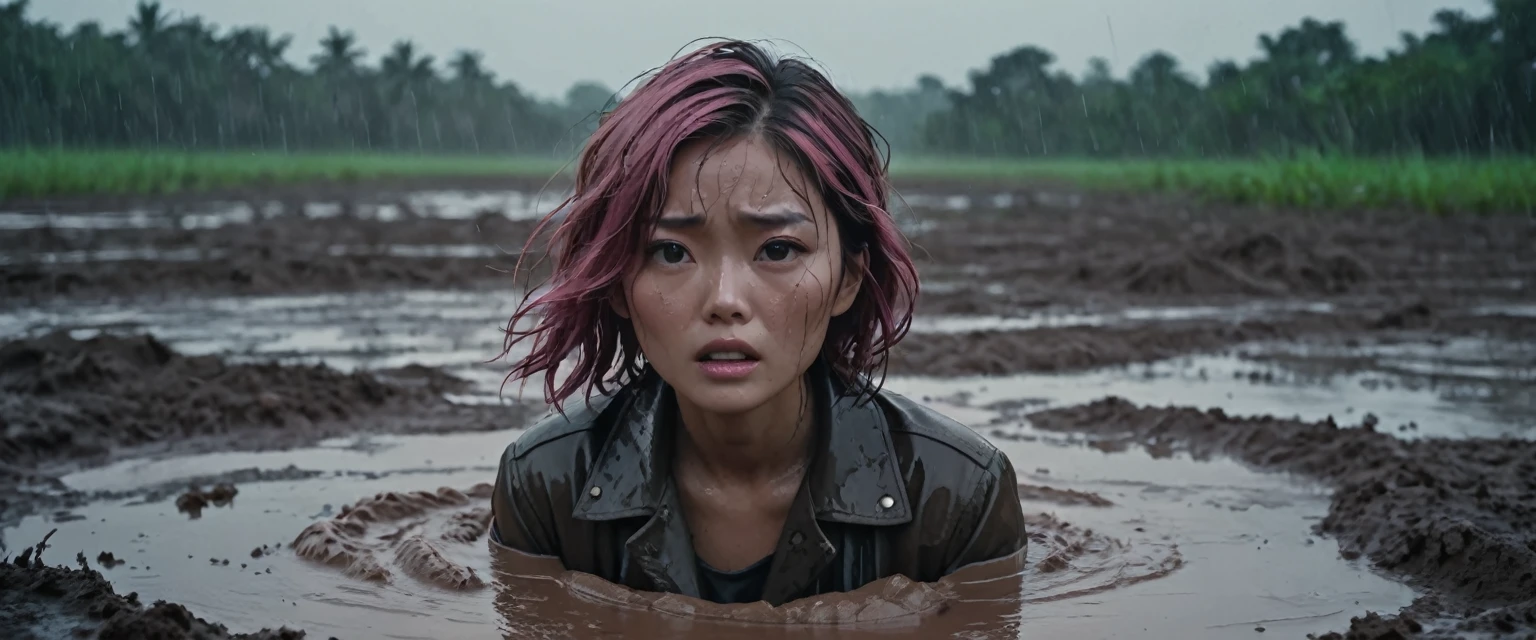 8k, ultra-detailed, from afar view:1.5, documentary drama photo, grainy film photo, masterpiece,muted colors, muffled light, dusk, rainy, moody, noir, drowning, woman messy head completely drown in mud hole, shame expression, messy muddy pink brunette hair, depraved outfit,asian:0.5, from above view, faded leather jacket,,
