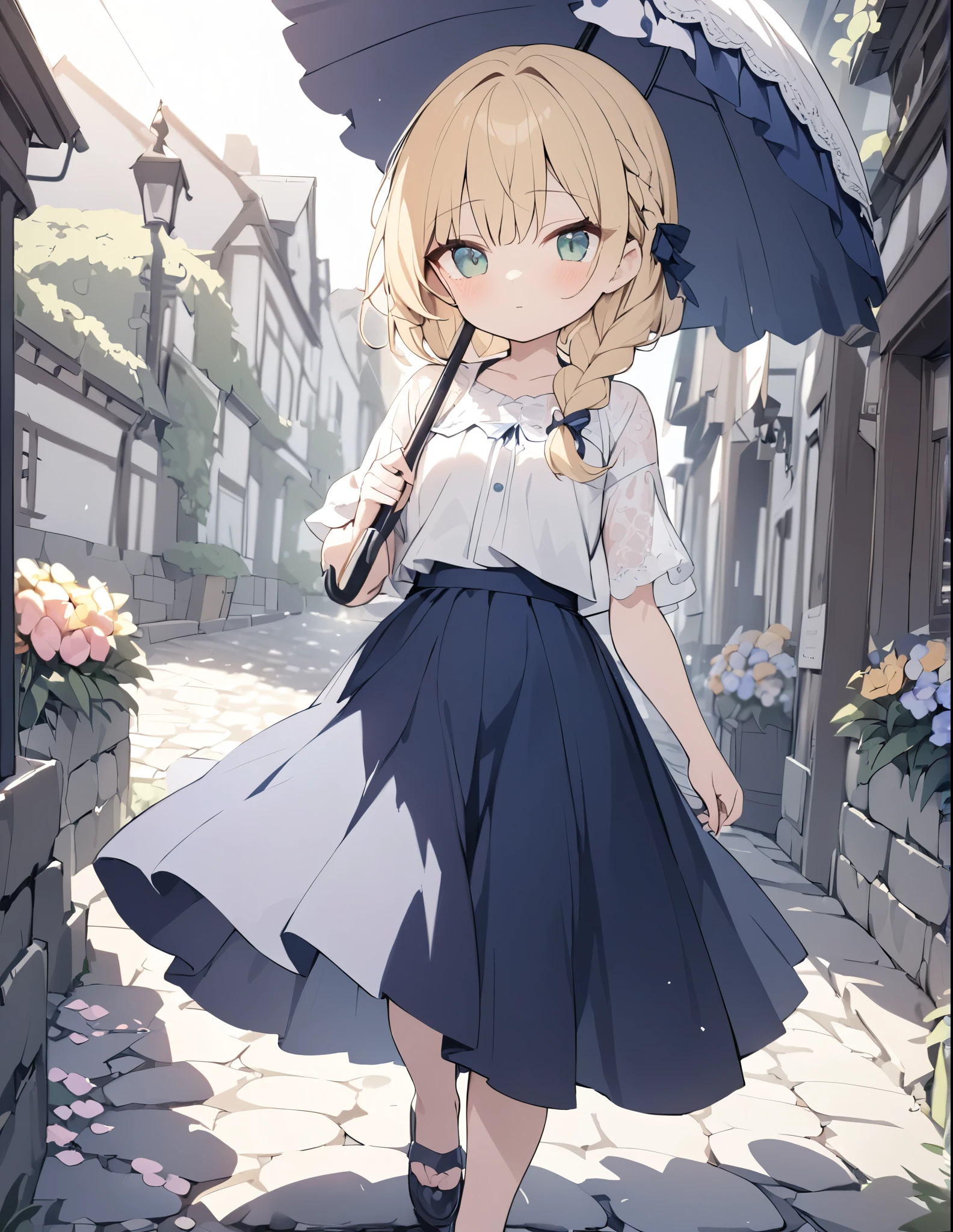 ((pale colour)),35mm, f/1.2, UHD, high details, best quality, highres, masterpiece、Blonde、Emerald Eyes、cute、Braid、Sunlit flower field、Girl walking on cobblestones、cute、White lace shirt and blue long skirt、Holding a parasol