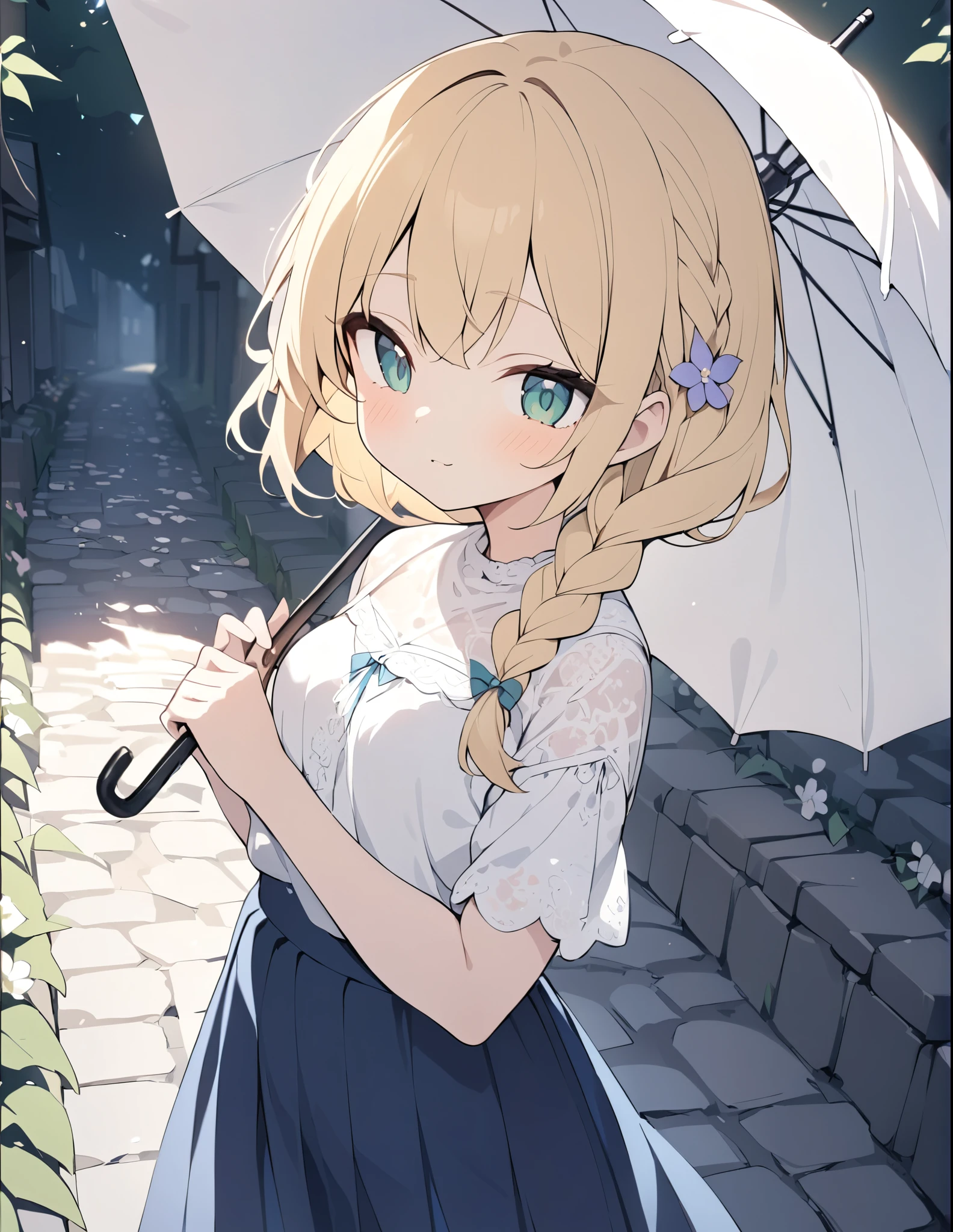 ((pale colour)),35mm, f/1.2, UHD, high details, best quality, highres, masterpiece、Blonde、Emerald Eyes、cute、Braid、Sunlit flower field、Girl walking on cobblestones、cute、White lace shirt and blue long skirt、Holding a parasol