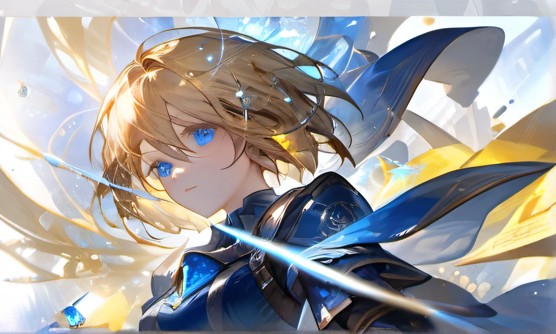 masterpiece, (aesthetic style:0.7), 1girl, solo, blonde hair, short hair, beautiful eyes, blue eyes, mature woman, blue armor dress, blue particles, blue aura, yellow aura, ((best quality)), ((best resolution)) beautiful face, beautiful hair, serious face, blue light.
