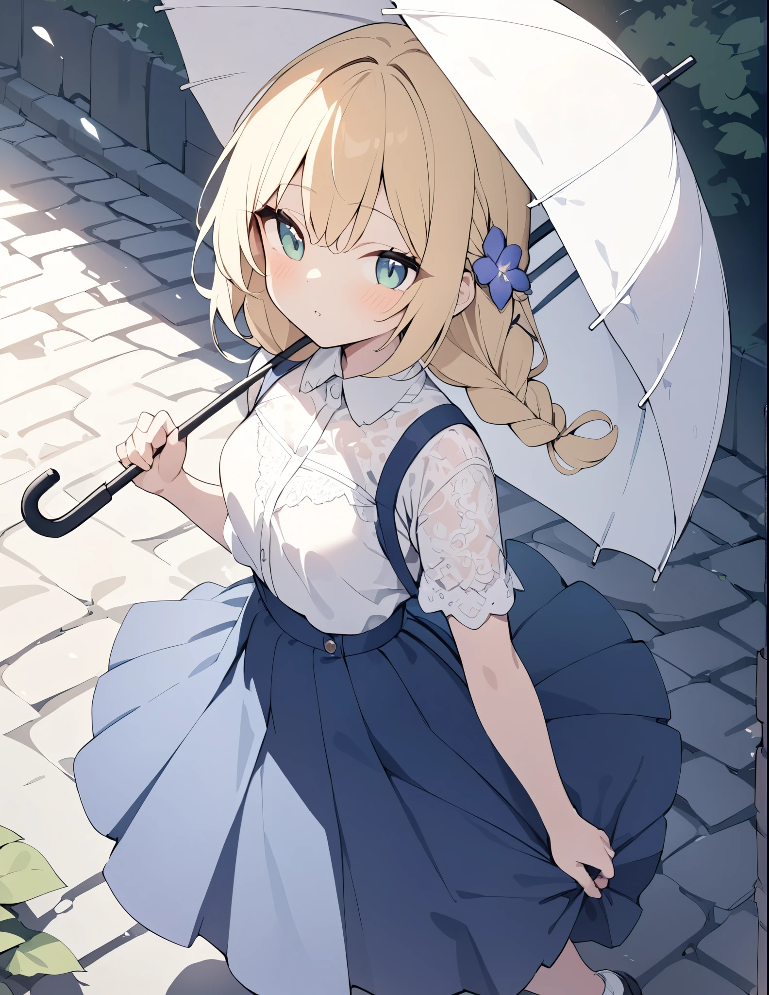 ((pale colour)),35mm, f/1.2, UHD, high details, best quality, highres, masterpiece、Blonde、Emerald Eyes、Braid、Sunlit flower field、Girl walking on cobblestones、cute、White lace shirt and blue long skirt、Holding a parasol