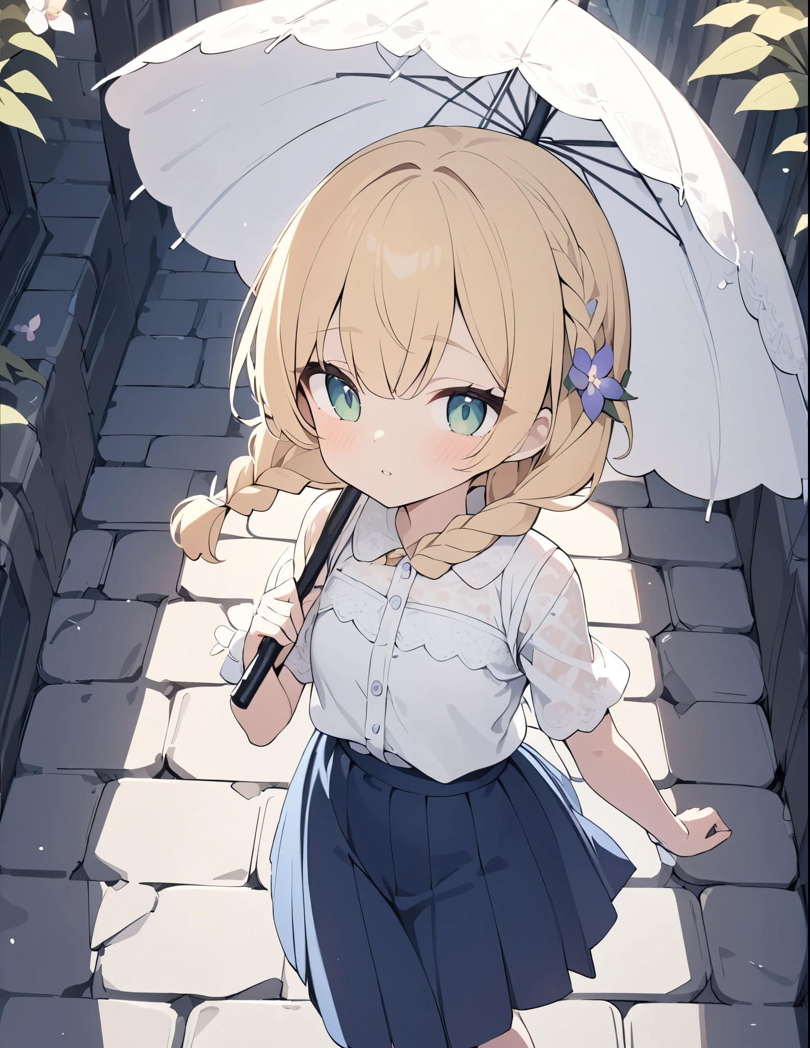 ((pale colour)),35mm, f/1.2, UHD, high details, best quality, highres, masterpiece、Blonde、Emerald Eyes、Braid、Sunlit flower field、Girl walking on cobblestones、cute、White lace shirt and blue long skirt、Holding a parasol