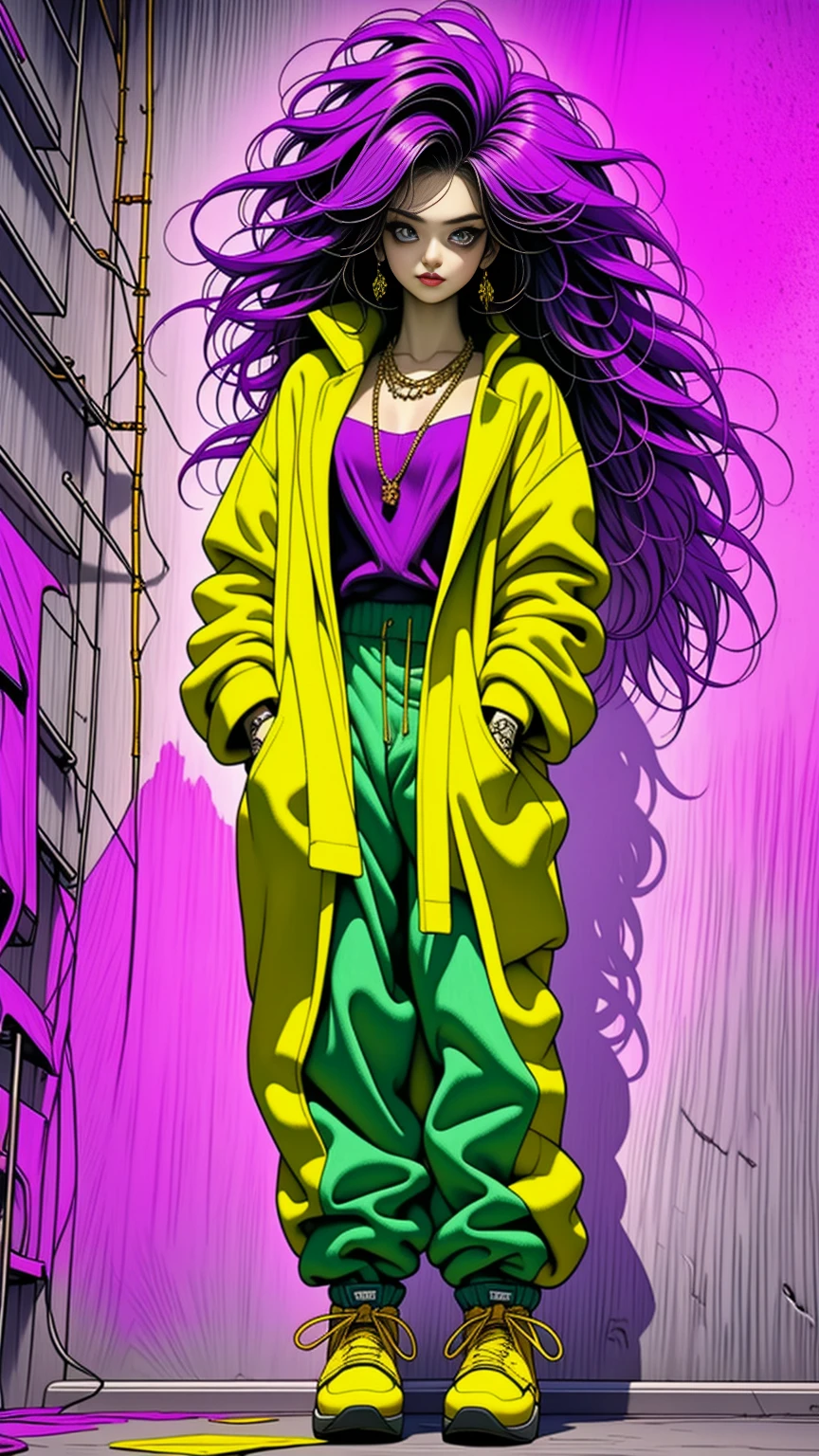 ((long shot, full body: 1.6)), purple: 1.5, orange: 1.1, green: 1.3, White: 1.3, yellow: 1.3, (rapper girl with scary hair, highly detailed eyes and body and beautiful baggy and baggy clothes :1.6), tattoos, (walls with Graffiti: 1.2), flower, Leaves, born in the mist, lines, leaning on the wall with a spray paint in her hand, action pose, 32K.