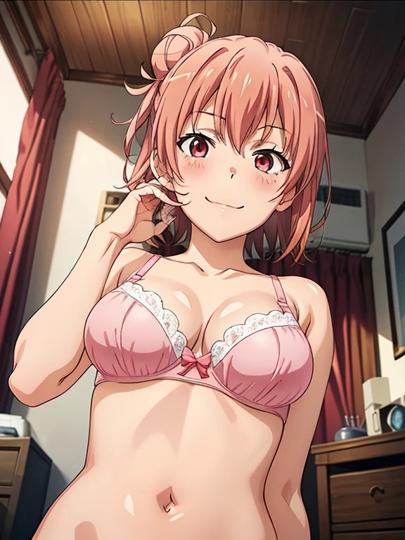 ((masutepiece, Best Quality, hight resolution, nffsw, Perfect Pixel, depth of fields, 4K, )), 1girl in, Solo, , Beautiful anime girl, Beautiful Art Style,
very low view angle:1.3, view from below:1.5, sky from below:1.5, living room background,
Perfect body, happy face:1.5 portrait:1.4, pink bra, hands behind head,
Yuigahama Yui, Hair bun, short hair, large breasts,
Full face blush, red face,
straight on:1.3, medium shot