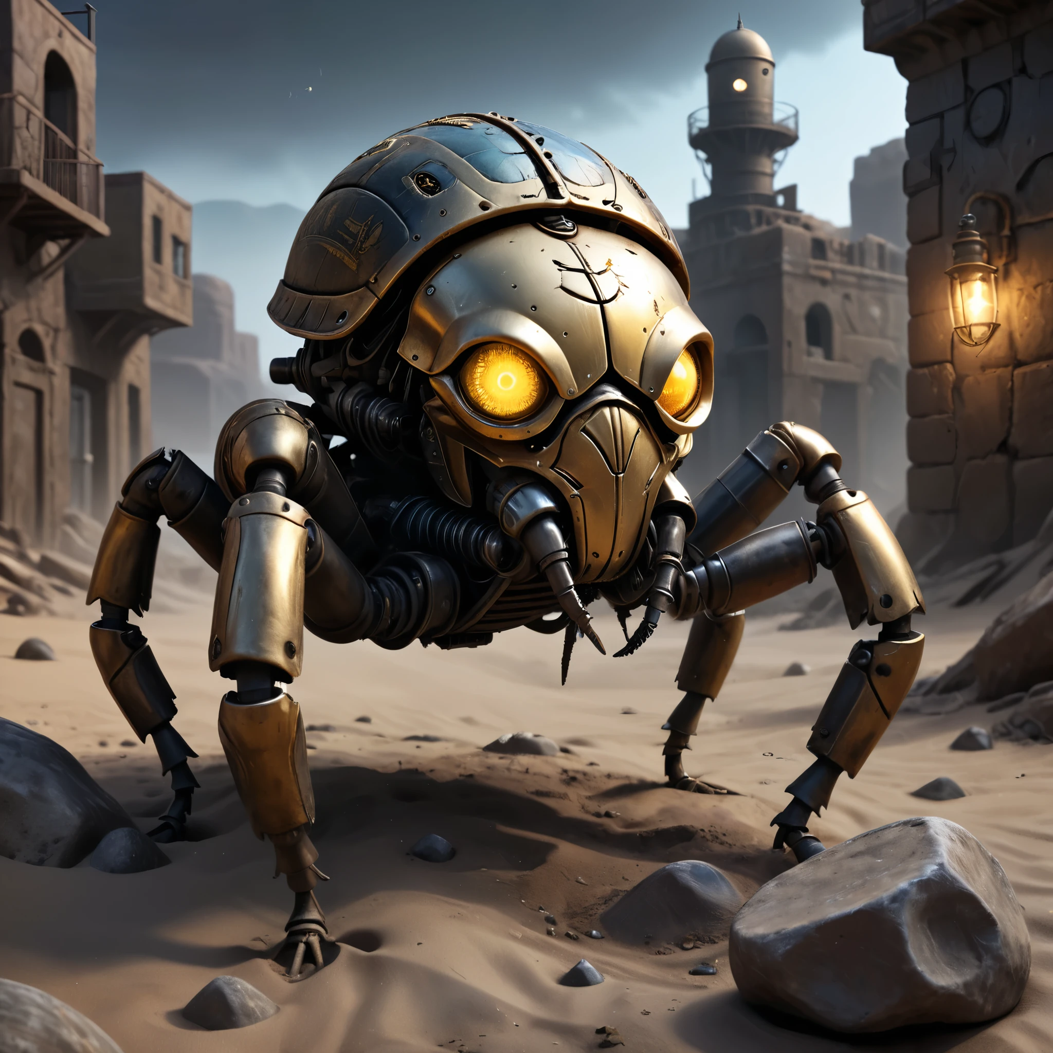 (best quality,4k,8k,highres,masterpiece:1.2),ultra-detailed,(realistic,photorealistic,photo-realistic:1.37), golden scarab in the desert, illustration,[dark and gritty atmosphere],detailed debris,, cobble walls, rusty pipes, glowing eyes of the insect, steampunk style, mechanical gears and cogs, neon lights reflecting on the scarab, cold palette, low-key lighting