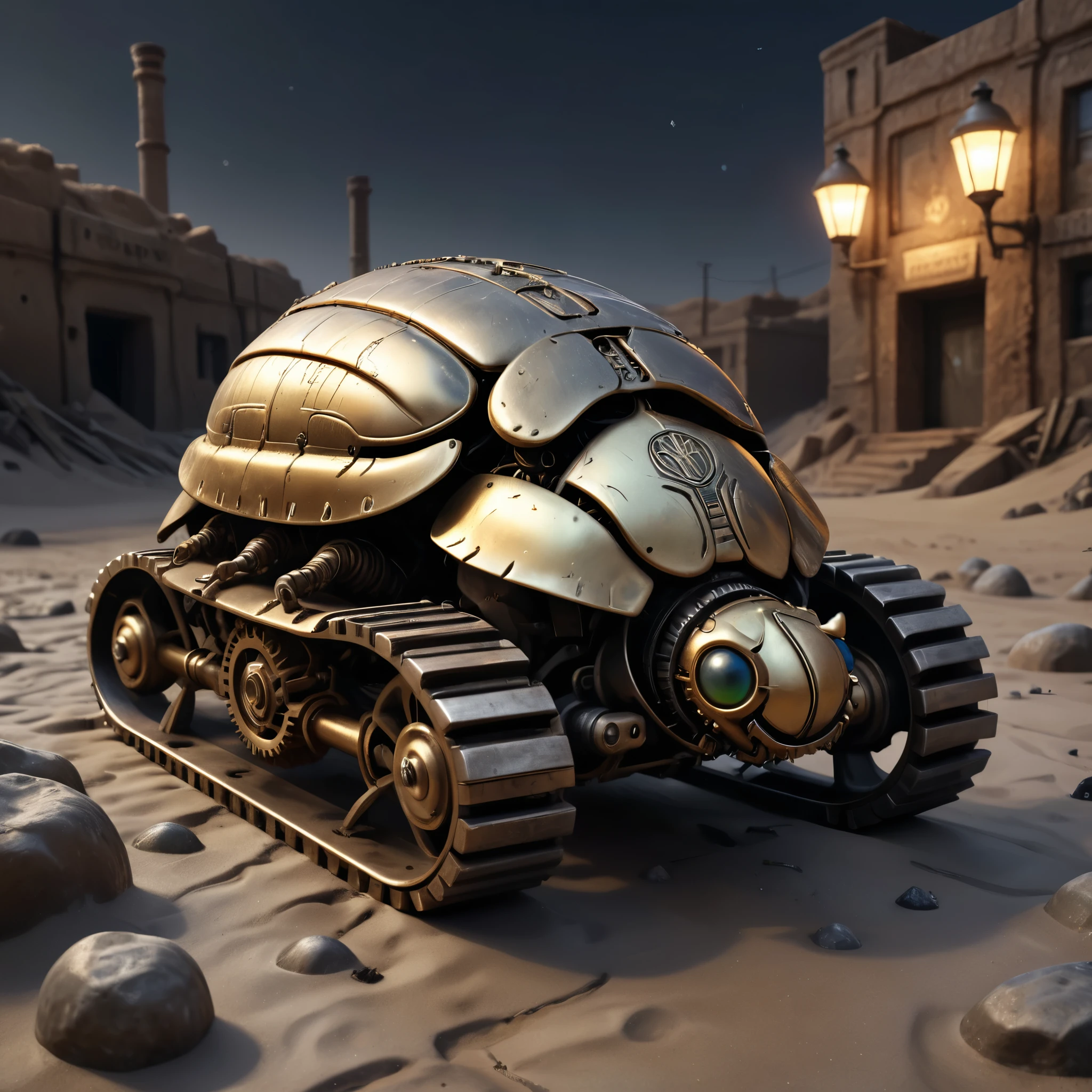 (best quality,4k,8k,highres,masterpiece:1.2),ultra-detailed,(realistic,photorealistic,photo-realistic:1.37), golden scarab in the desert, illustration,[dark and gritty atmosphere],detailed debris,, cobble walls, rusty pipes, glowing eyes of the insect, steampunk style, mechanical gears and cogs, neon lights reflecting on the scarab, cold palette, low-key lighting