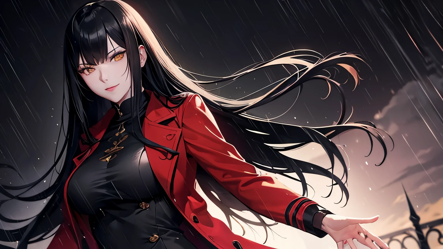 Mature woman, long black hair, straight bangs down, pale skin, yellow eyes, (red overcoat), beautiful, in the night, powerful, sexy woman, sadic smile, raining, brave pose.