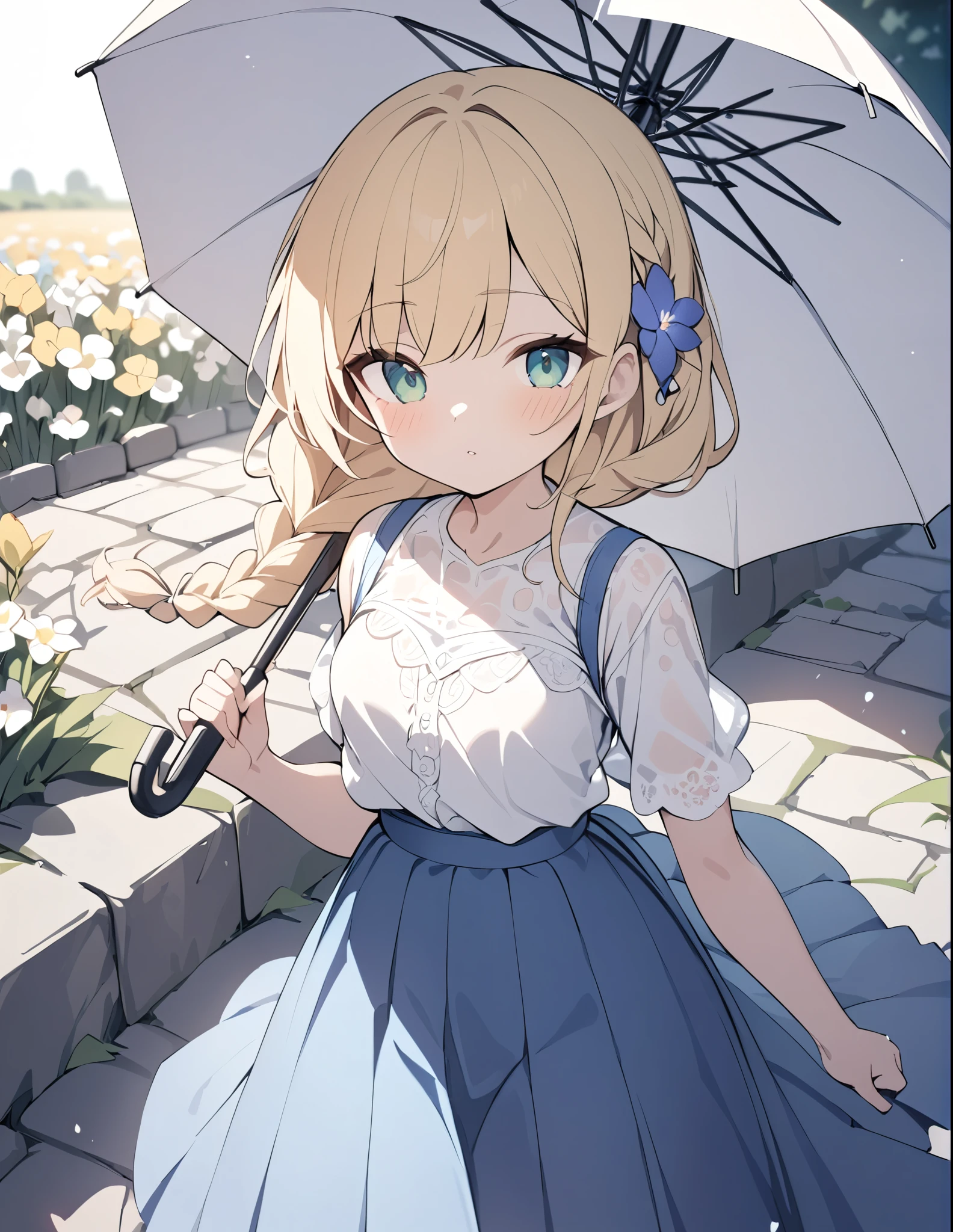 ((pale colour)),35mm, f/1.2, UHD, high details, best quality, highres, masterpiece、Blonde、Emerald Eyes、Braid、Sunlit flower field、Girl walking on cobblestones、cute、White lace shirt and blue long skirt、Holding a parasol