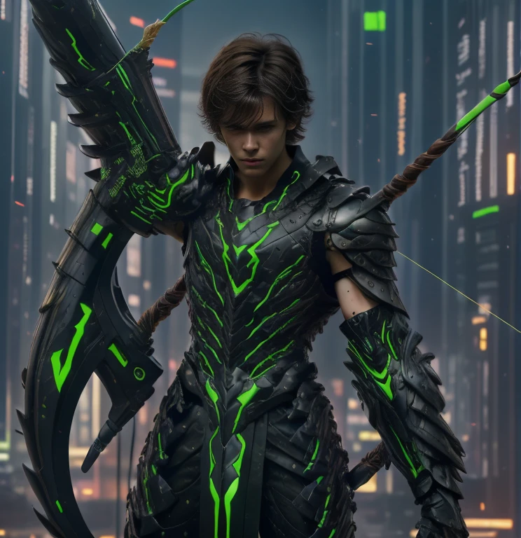 (ultra realistic,32k, masterpiece:1.2, UHD),(high detailed skin:1.1),( high quality:1.1), 1 boy, brown short raw cut hairs, brown eyes, green techno fantasy armor, cyberpunk, techno fantasy bow with ((energy bow arch)),((energy arrows)), caucasian race, light decourations, 18 years old