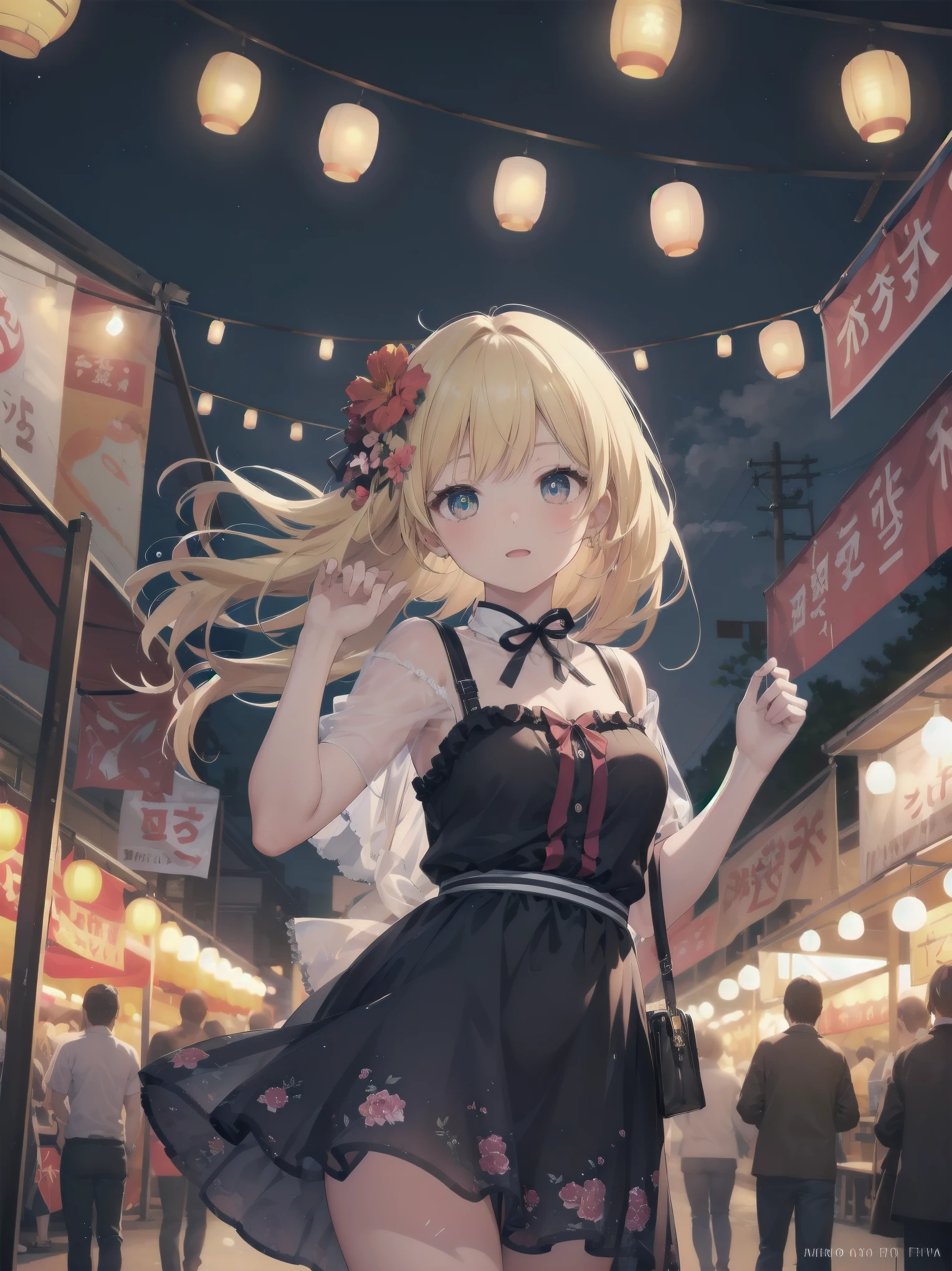 Masterpiece, high quality, high resolution, semi-realistic, 2.5D, perfect anatomy, super-detailed and detailed illustrations, sfw,
Subject: Cute Crowd
Subtitle: {blonde twin-tail}{flowery summer dress}{looking up pose}{summer festival night market}{expression of surprise}{full size camera, f/2.8, 1/250 sec, ISO 1600, night shooting mode}

A beautiful girl with twin-tailed blonde hair is standing at a summer festival night market. She is wearing a floral summer dress and is posed looking up with a surprised expression on her face. Her large eyes sparkle, adding to the lively atmosphere of the night. Lit lanterns in the background give the impression of a lively night market. The photo was taken with a full-size camera at an aperture of f/2.8, a shutter speed of 1/250 sec and ISO 1600, and the night shooting mode makes the beautiful girl appear clear even against a dark background. The blurred background lights make her stand out as if she were in the spotlight.