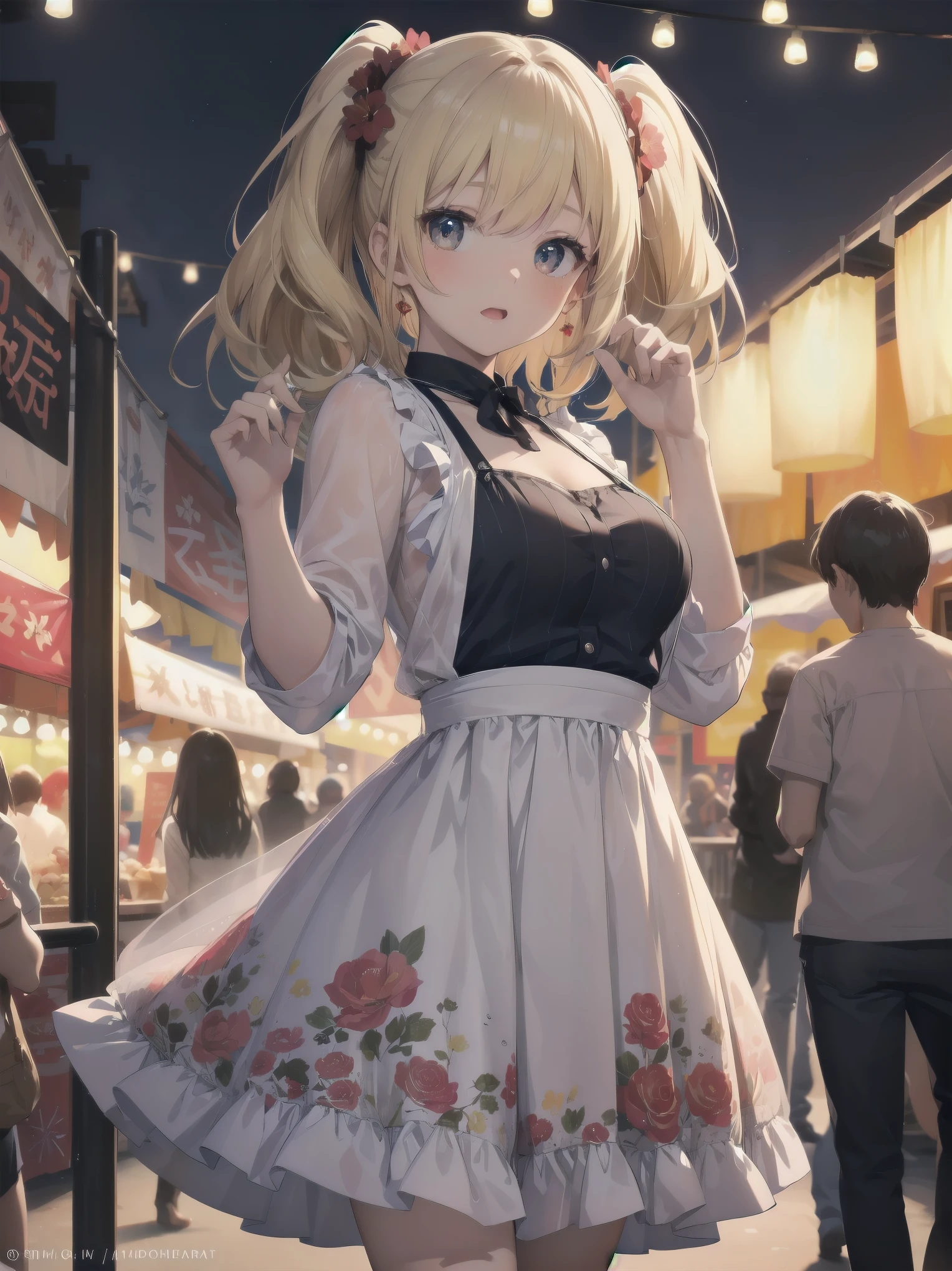 Masterpiece, high quality, high resolution, semi-realistic, 2.5D, perfect anatomy, super-detailed and detailed illustrations, sfw,
Subject: Cute Crowd
Subtitle: {blonde twin-tail}{flowery summer dress}{looking up pose}{summer festival night market}{expression of surprise}{full size camera, f/2.8, 1/250 sec, ISO 1600, night shooting mode}
A beautiful girl with twin-tailed blonde hair is standing at a summer festival night market. She is wearing a floral summer dress and is posed looking up with a surprised expression on her face. Her large eyes sparkle, adding to the lively atmosphere of the night. Lit lanterns in the background give the impression of a lively night market. The photo was taken with a full-size camera at an aperture of f/2.8, a shutter speed of 1/250 sec and ISO 1600, and the night shooting mode makes the beautiful girl appear clear even against a dark background. The blurred background lights make her stand out as if she were in the spotlight.