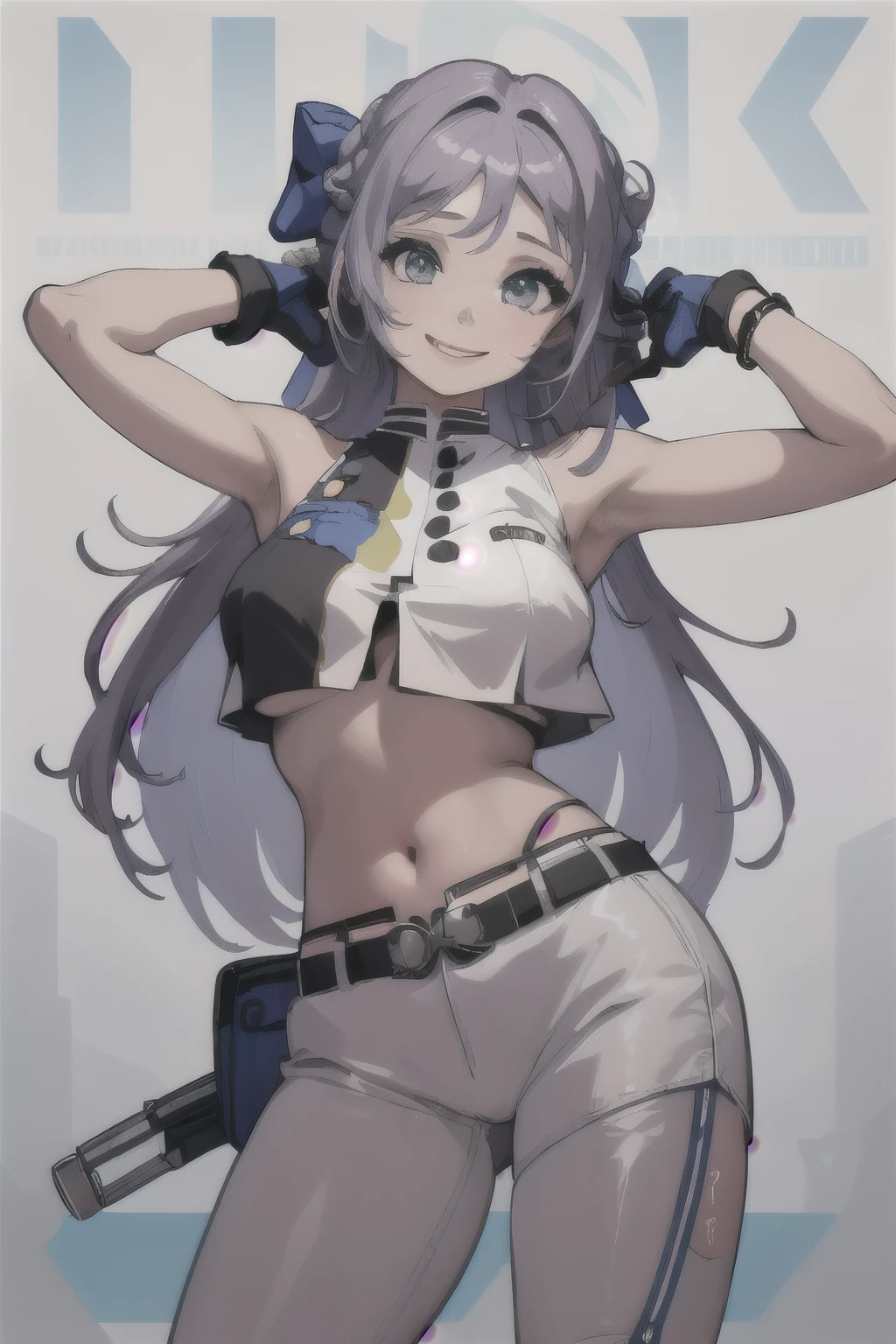 (masterpiece, best quality:1.2), solo, 1girl, folkwang \(nikke\), smile, looking at viewer, braid, hair bow, crop top, underboob, fingerless gloves, white pants, belt