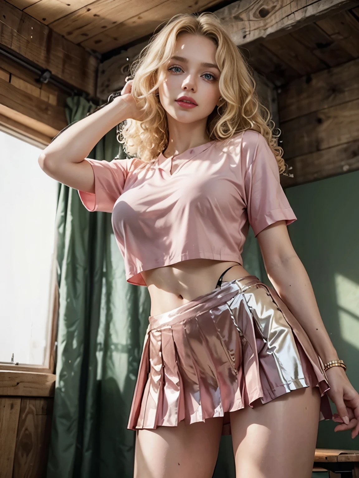 caucasian woman, ((blonde hair)), (((Curly hair))), ((long hair)), red lipstick, olive green eyes, (((shiny eyes))), lined eyes, smile, toned body, ((athletic body)), small breasts, nipples, (((legs))), ((red skirt)), Pleated skirt, Textured skirt, Textured blouse, (((pink blouse))), wristwatch, bracelets, nails red, On universe campus, standing, side view, (shot from below).