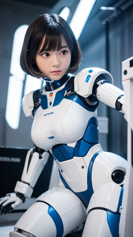 masterpiece, best quality, extremely detailed, 8k portrait,Japaese android girl,Plump ,control panels,android,Droid,Mechanical Hand, Robot arms and legs,Blunt bangs,perfect robot girl,long tube,thick cable connected her neck,android,robot,humanoid,cyborg,japanese cyborg girl ,robot-assembly plant,white robot body,She has assembled now,assembly scene,chest monitor,blue eyes,