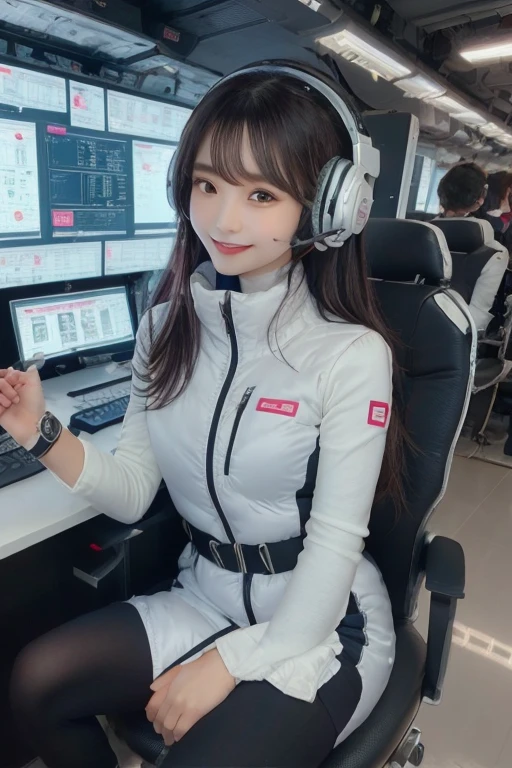 masterpiece, highest quality, Very detailed, 8K Portrait,Japanese Android Girl,plump , Control panel,Robotic arms and legs, Blunt bangs,,break (Metallic Gray, Metallic luster, Mirror finish, Astro Best):5,headphone:5,break (Black sleeves):100,Smart Watches,Futuristic space station,Control Room,break headphone,blue eyes,(Black Hair):2,(Long Hair):1.3,View the viewer,(respirator),break blush:3,Hidden Hand,smile