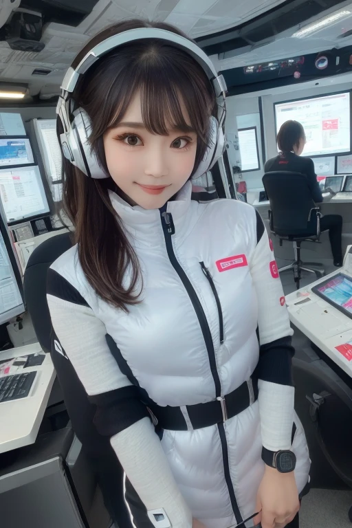 masterpiece, highest quality, Very detailed, 8K Portrait,Japanese Android Girl,plump , Control panel,Robotic arms and legs, Blunt bangs,,break (Metallic Gray, Metallic luster, Mirror finish, Astro Best):5,headphone:5,break (Black sleeves):100,Smart Watches,Futuristic space station,Control Room,break headphone,blue eyes,(Black Hair):2,(Long Hair):1.3,View the viewer,(respirator),break blush:3,Hidden Hand,smile