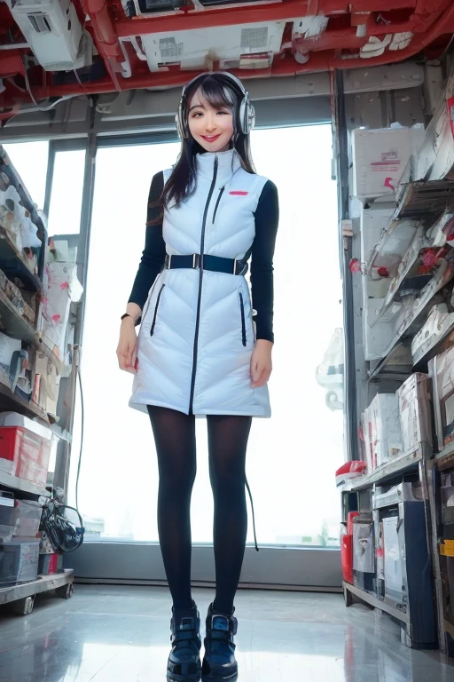 masterpiece, highest quality, Very detailed, 8K Portrait,Japanese Android Girl,plump , Control panel,Robotic arms and legs, Blunt bangs,,break (Metallic Gray, Metallic luster, Mirror finish, Astro Best):5,headphone:5,break (Black sleeves):100,Smart Watches,Futuristic space station,Control Room,break headphone,blue eyes,(Black Hair):2,(Long Hair):1.3,View the viewer,(respirator),break blush:3,Hidden Hand,smile