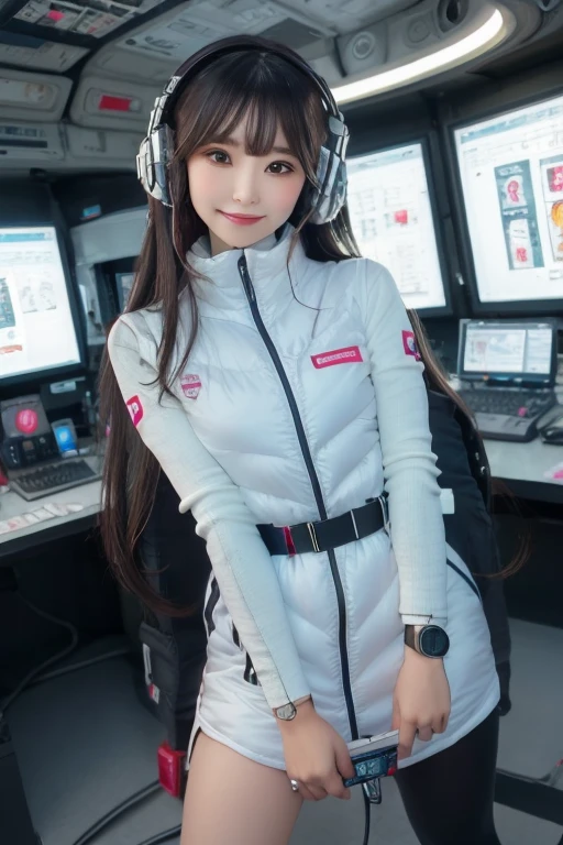 masterpiece, highest quality, Very detailed, 8K Portrait,Japanese Android Girl,plump , Control panel,Robotic arms and legs, Blunt bangs,,break (Metallic Gray, Metallic luster, Mirror finish, Astro Best):5,headphone:5,break (Black sleeves):100,Smart Watches,Futuristic space station,Control Room,break headphone,blue eyes,(Black Hair):2,(Long Hair):1.3,View the viewer,(respirator),break blush:3,Hidden Hand,smile