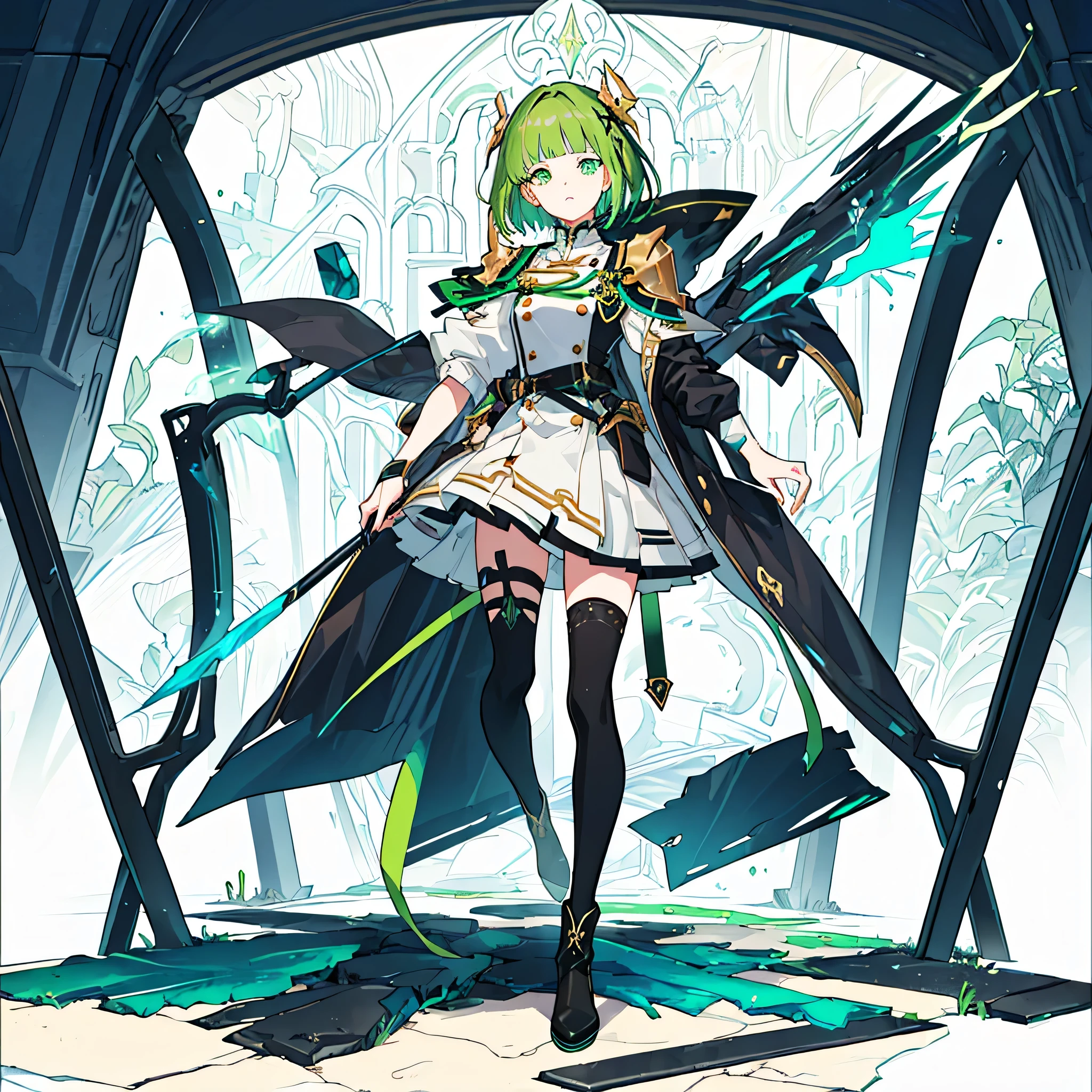 [(with a cathedral background:1.4)::5],original,(shape:1.1),(highest quality),(Tabletop:1.1),(Highly detailed CG Unity 8k wallpaper:1.1), (colorful:0.9),(Mid Shot:0.95),(very detailed beautiful whole body),Dynamic Angle,(alone:1.2), (girl),(((Adult))), (Beautiful eyes in every detail:1.15), (Beautiful Face:1.15), (Glowing green eyes:1.25////),(Gemstone Eyes),(Green Short Hair),(Blunt bangs),((The girl wear a black knight uniform)),Realistic,, girl,Green Hair,((Black long boots)), Black mini skirt,Black knee socks(rage),(Contempt and contempt),rage,(beautiful slender girl),((Adult)),((whole body)),Valkyrie, Decorations,((Thin legs)),((slender girl)),Front Angle,Front Angle,