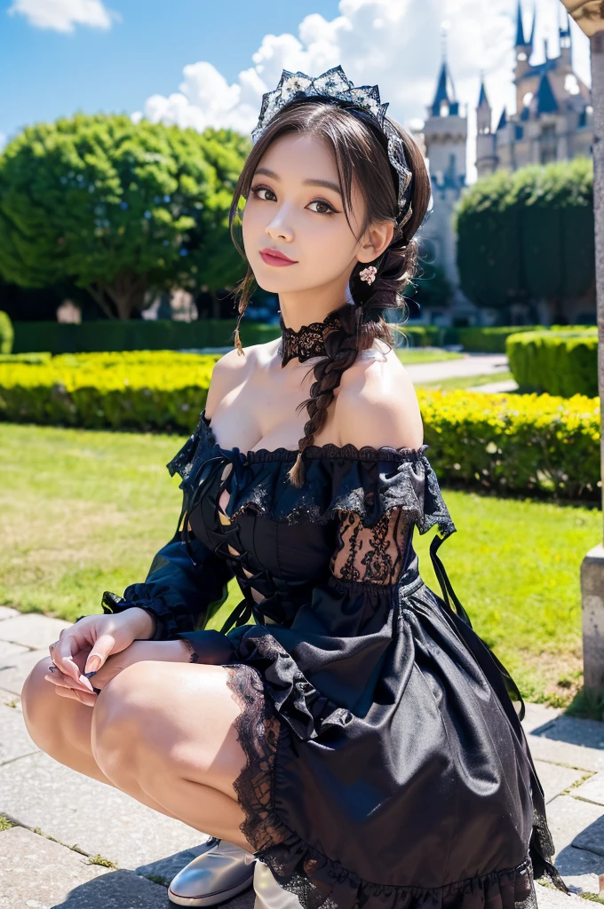 (((Gothic Lolita Fashion:1.3)),(((lace off shoulder dress))),(((Costume with intricate lace details))),(Emphasis on large breasts:1.3),(europe castle background:1.3),Cinderella's Castle,(Flower bed with colorful flowers in the garden),(crouching down:1.3),Cute and beautiful girl,Cute round face,Cute smile,with blush cheeks,bold lipstick,(silver white hair,Floral braided headband,half up、Floral Braided Space Van,Voluminous Fishtail Braids,Twisted chignon,),(Bangs are see-through bangs),hair pin,hair adornments,detailed clothes features,Detailed hair features,detailed facial features,(Dynamic angles),(Dynamic and sexy poses),professional lighting,Cinematic Light,(masutepiece,top-quality,Ultra-high resolution output image, depth of fields,) ,(32k quality,depth of fields,Anatomically accurate facial structure,),(Sea Art 2 Mode:1.3),(Image Mode Ultra HD,)