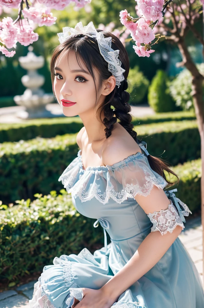(((Gothic Lolita Fashion:1.3)),(((lace off shoulder dress))),(((Costume with intricate lace details))),(Emphasis on large breasts:1.3),(europe castle background:1.3),Cinderella's Castle,(Flower bed with colorful flowers in the garden),(crouching down:1.3),Cute and beautiful girl,Cute round face,Cute smile,with blush cheeks,bold lipstick,(silver white hair,Floral braided headband,half up、Floral Braided Space Van,Voluminous Fishtail Braids,Twisted chignon,),(Bangs are see-through bangs),hair pin,hair adornments,detailed clothes features,Detailed hair features,detailed facial features,(Dynamic angles),(Dynamic and sexy poses),professional lighting,Cinematic Light,(masutepiece,top-quality,Ultra-high resolution output image, depth of fields,) ,(32k quality,depth of fields,Anatomically accurate facial structure,),(Sea Art 2 Mode:1.3),(Image Mode Ultra HD,)
