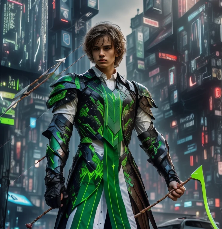 (ultra realistic,32k, masterpiece:1.2, UHD),(high detailed skin:1.1),( high quality:1.1), 1 boy, brown short raw cut hairs, brown eyes, green techno fantasy armor, cyberpunk, techno fantasy bow with ((energy bow arch)),((energy arrows)), caucasian race, light decourations, 18 years old