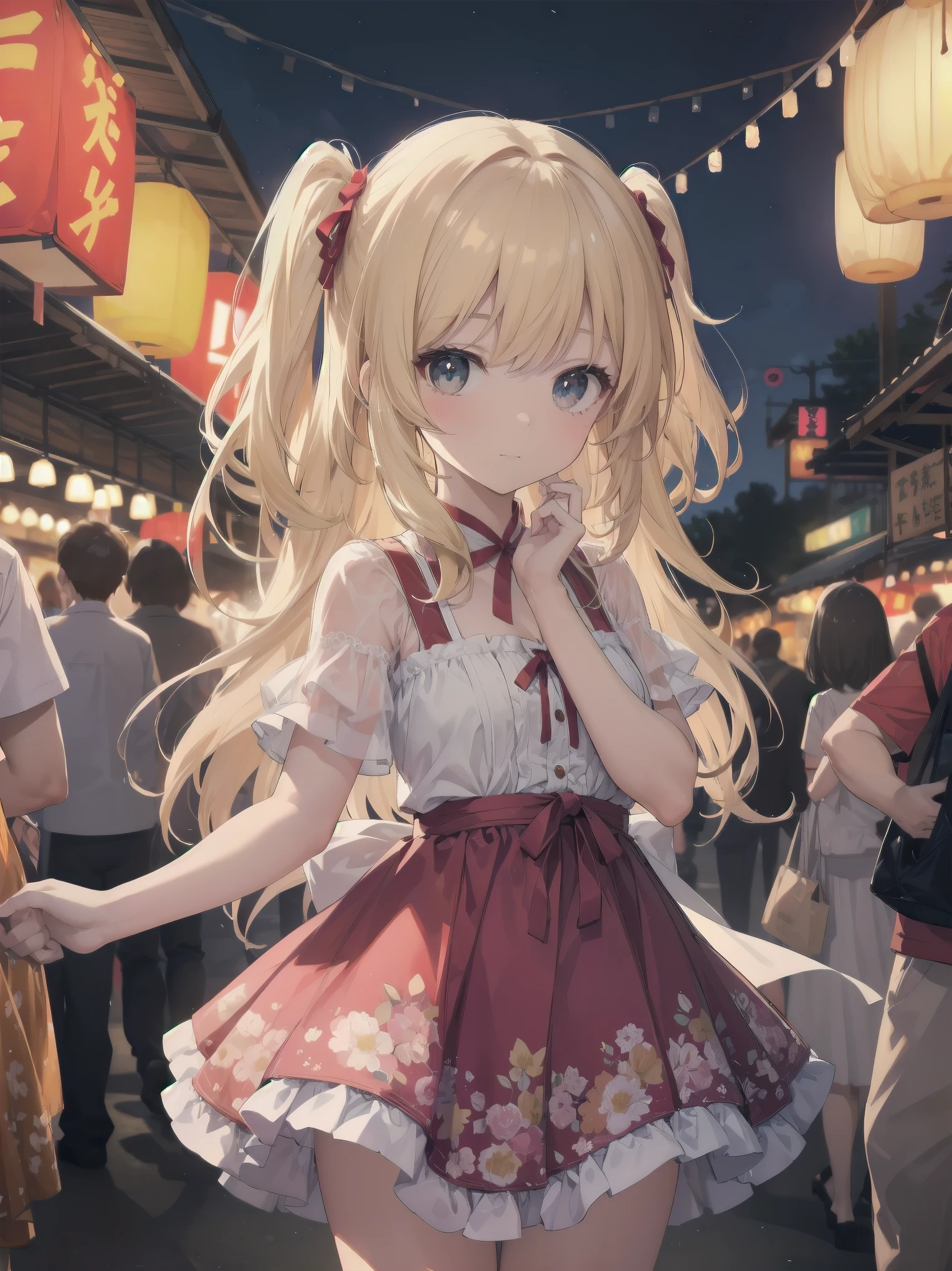 Masterpiece, high quality, high resolution, semi-realistic, 2.5D, perfect ???????, super-detailed and detailed illustrations, sfw,
Subject: Cute Crowd
Subtitle: {blonde twin-tail}{flowery summer dress}{looking up pose}{summer festival night market}{expression of surprise}{full size camera, f/2.8, 1/250 sec, ISO 1600, night shooting mode}
A beautiful girl with twin-tailed blonde hair is standing at a summer festival night market. She is wearing a floral summer dress and is posed looking up with a surprised expression on her face. Her large eyes sparkle, adding to the lively atmosphere of the night. Lit lanterns in the background give the impression of a lively night market. The photo was taken with a full-size camera at an aperture of f/2.8, a shutter speed of 1/250 sec and ISO 1600, and the night shooting mode makes the beautiful girl appear clear even against a dark background. The blurred background lights make her stand out as if she were in the spotlight.