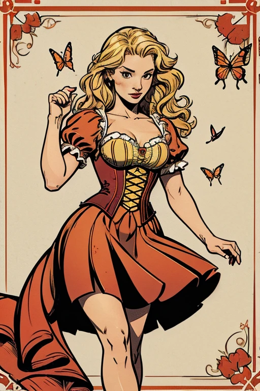 (1girl:1.3),Queen: short skirt: blonde wavy hair: Red dress: Mary Poppins: Emma Rigby: Pirates of the Caribbean: Emilie de Ravin: butterflies: Corset: