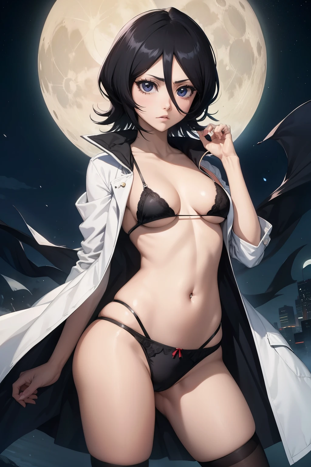 Rukia ,1girl , anime , masterpiece  , Black color hair, jaqueta aberta open clothes ,small breasts ,no bra,  pantie  , long socks,  angry ,Belly button piercing ,sexy . Background moon . 