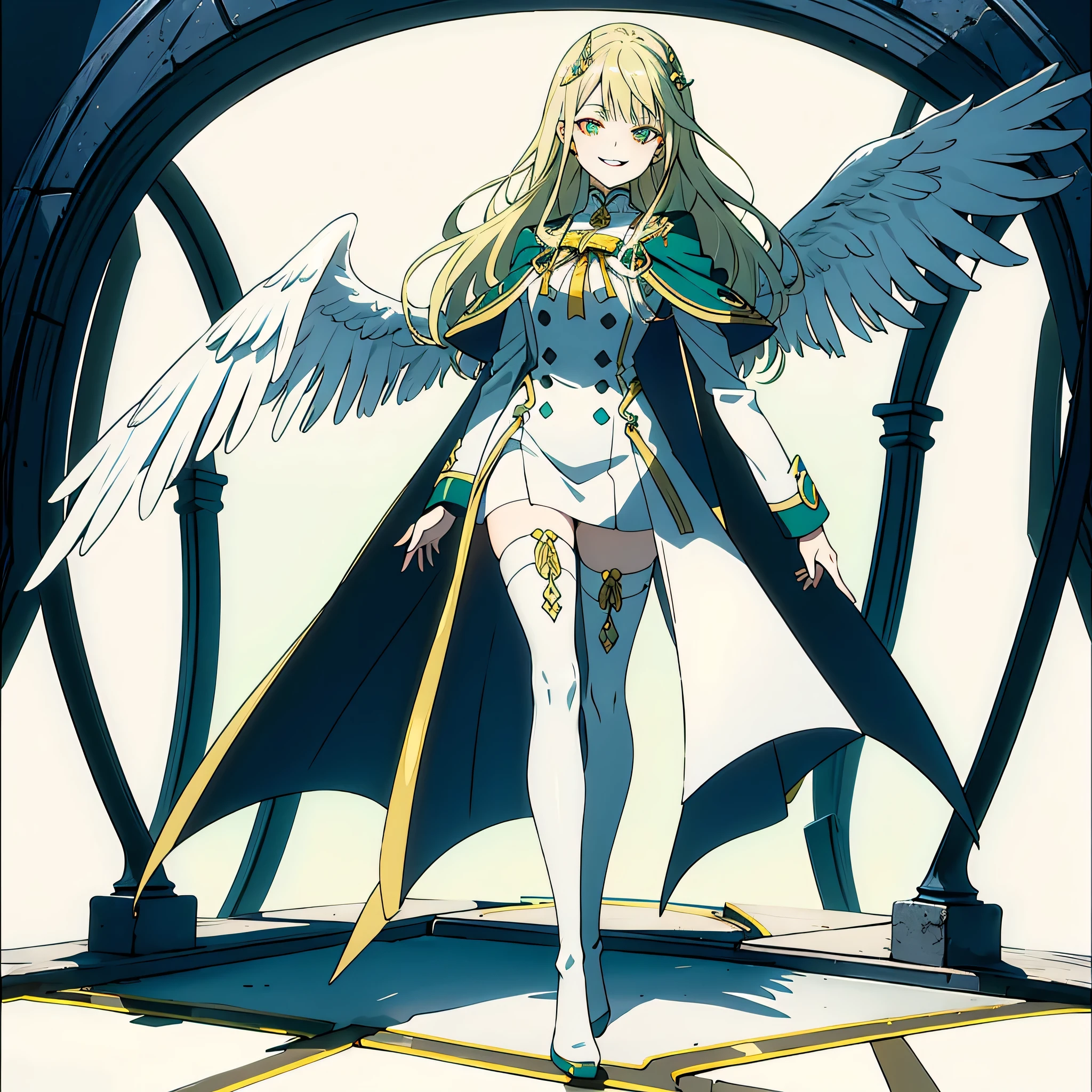 cathedral background,full body,whole body,slender,thin legs,Greenish-yellow hair,Yellow-green pupils,White clothes with green and yellow are embellished with gold and silver ornaments,She is a natural cute girl,((evil smile)),white thighhigh boots,full body,long hair,white angel wings,whole body,