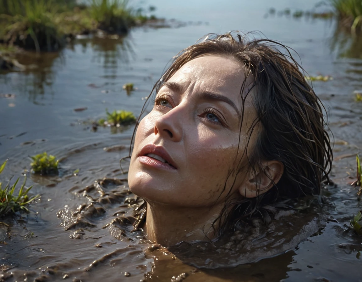 a mature woman's head drowned in a muddy bog, from afar view:1.0, orgasmic facial expression, losing control, (best quality,4k,8k,highres,masterpiece:1.2),ultra-detailed,(realistic,photorealistic,photo-realistic:1.37),HDR,UHD,studio lighting,ultra-fine painting,sharp focus,physically-based rendering,extreme detail description,professional,vivid colors,bokeh,dark fantasy,dramatic lighting,cinematic, from above view