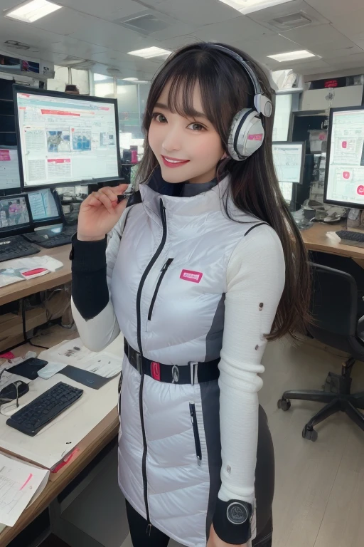 masterpiece, highest quality, Very detailed, 8K Portrait,Japanese Android Girl,plump , Control panel,Robotic arms and legs, Blunt bangs,,break (Metallic Gray, Metallic luster, Mirror finish, Astro Best):5,headphone:5,break (Black sleeves):100,Smart Watches,Futuristic space station,Control Room,break headphone,blue eyes,(Black Hair):2,(Long Hair):1.3,View the viewer,(respirator),break blush:3,Hidden Hand,smile